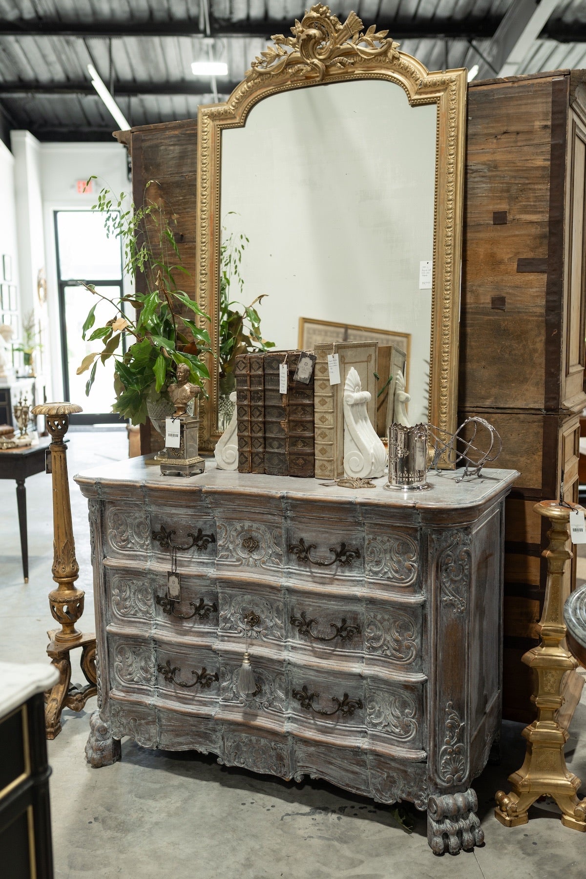 19th C. French Provincial Hand Carved Rococo Oak Painted Sideboard