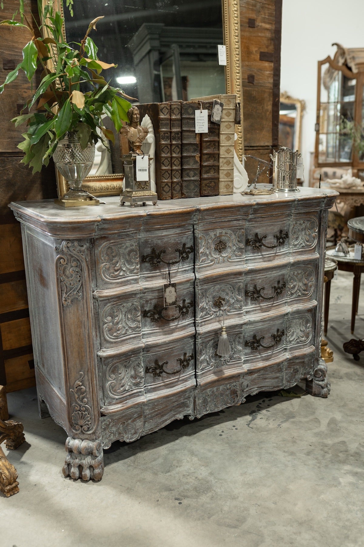 19th C. French Provincial Hand Carved Rococo Oak Painted Sideboard