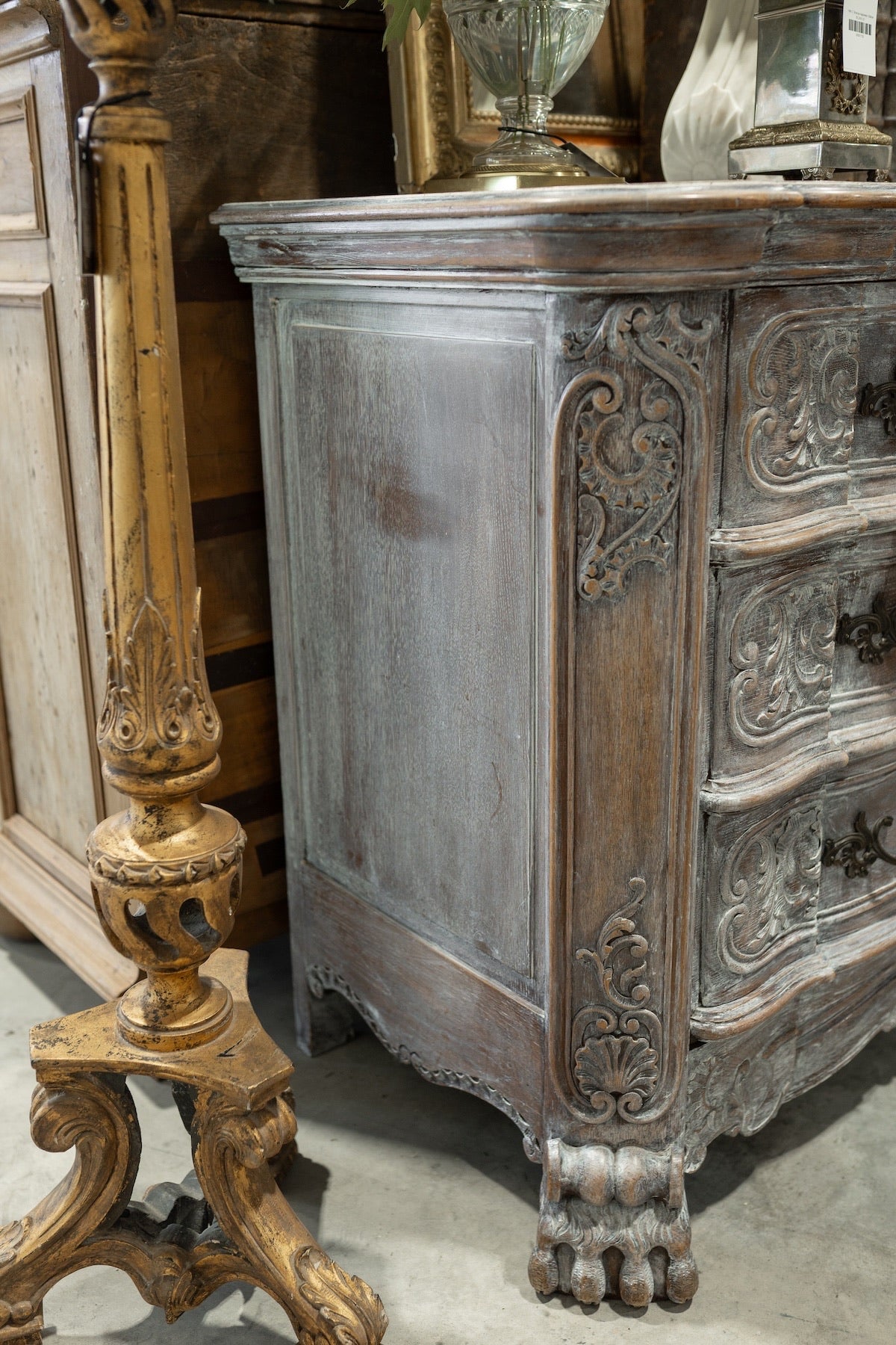 19th C. French Provincial Hand Carved Rococo Oak Painted Sideboard