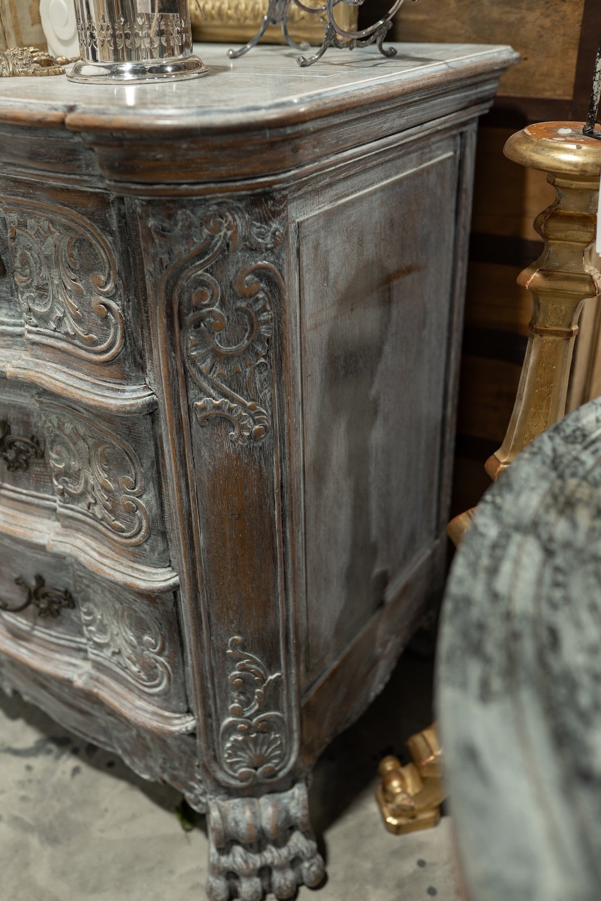 19th C. French Provincial Hand Carved Rococo Oak Painted Sideboard