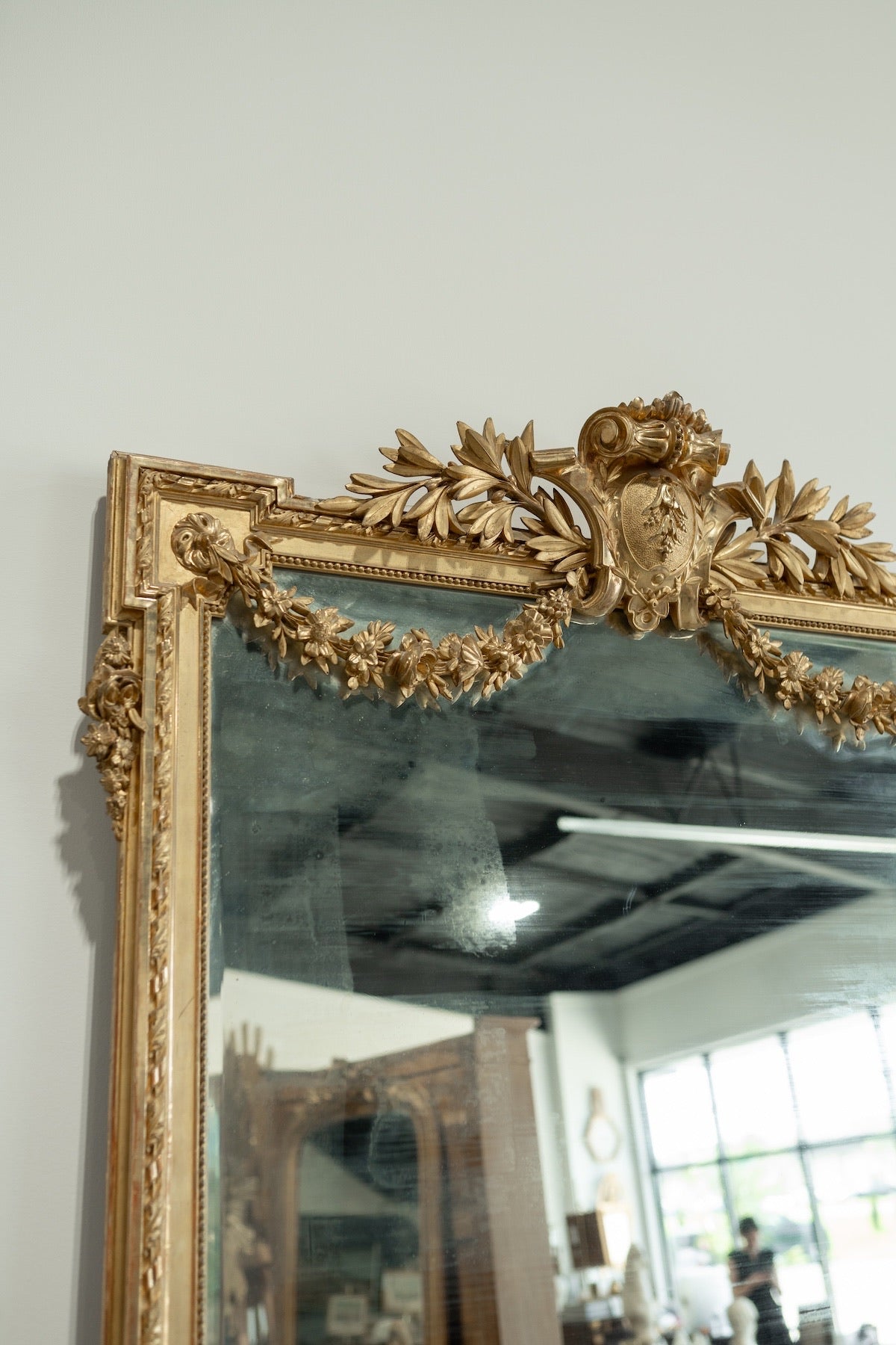 19th C. French Neoclassical Gilt Mirror with Draped Laurel Garlands & Urn Crest | From French Chateau