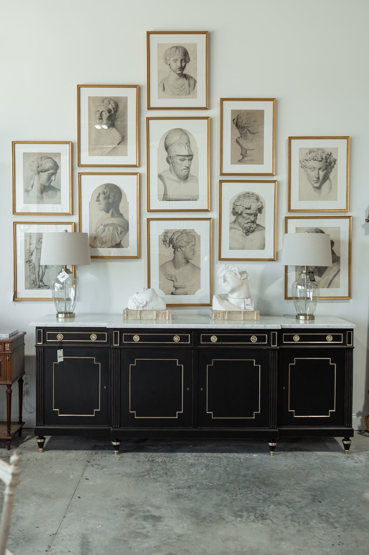 20th C. French Black Marbletop Neoclassical Buffet Credenza with Brass Inlay