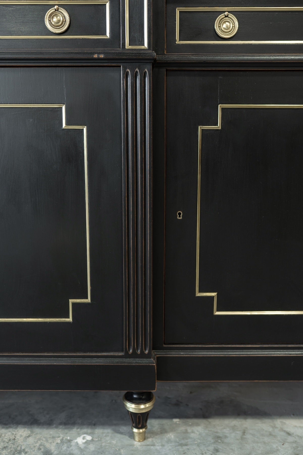 20th C. French Black Marbletop Neoclassical Buffet Credenza with Brass Inlay