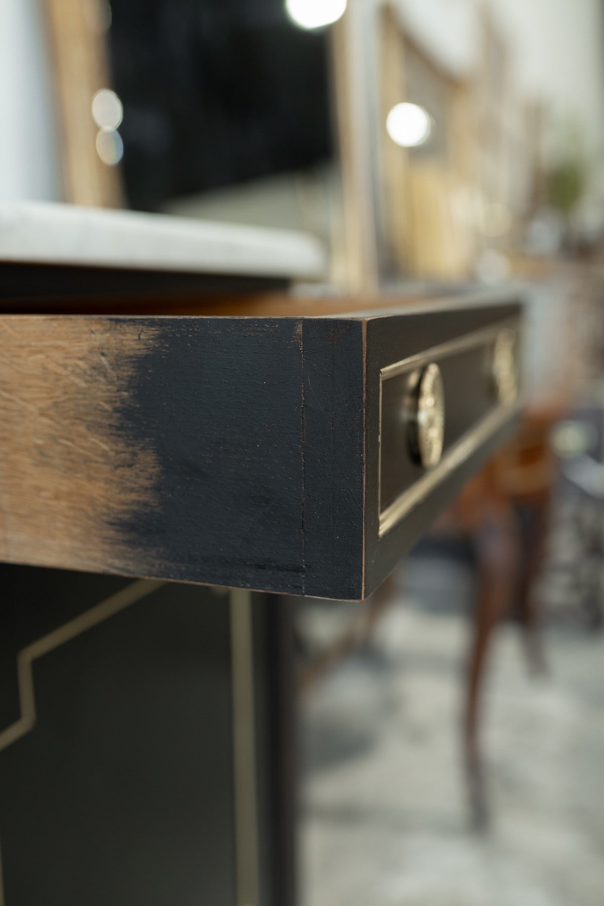 20th C. French Black Marbletop Neoclassical Buffet Credenza with Brass Inlay