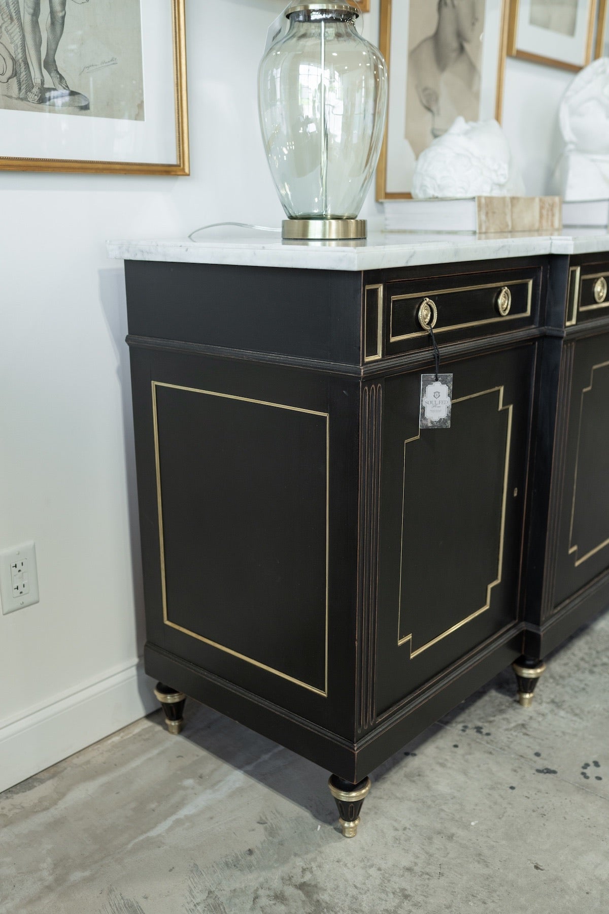 20th C. French Black Marbletop Neoclassical Buffet Credenza with Brass Inlay