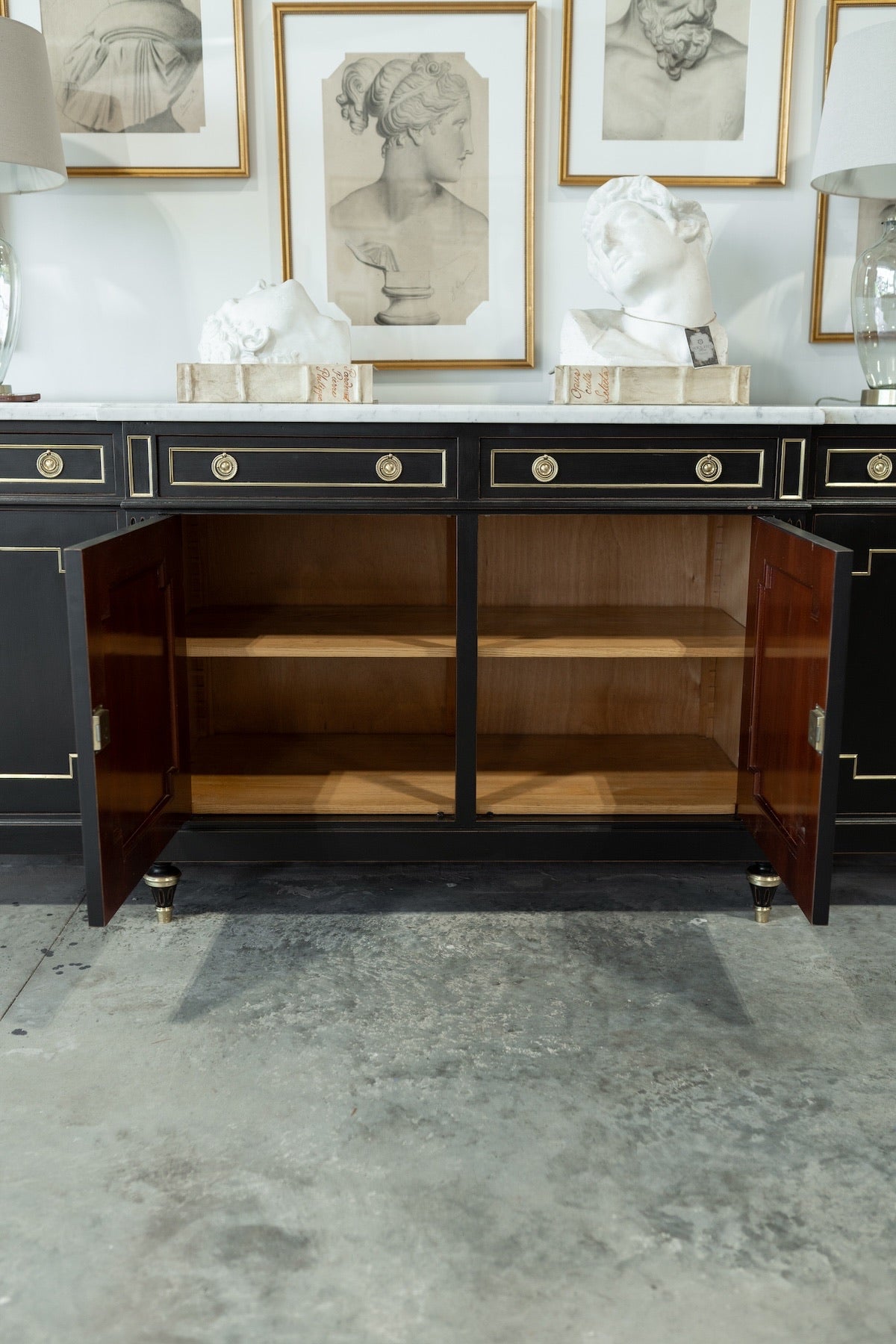20th C. French Black Marbletop Neoclassical Buffet Credenza with Brass Inlay