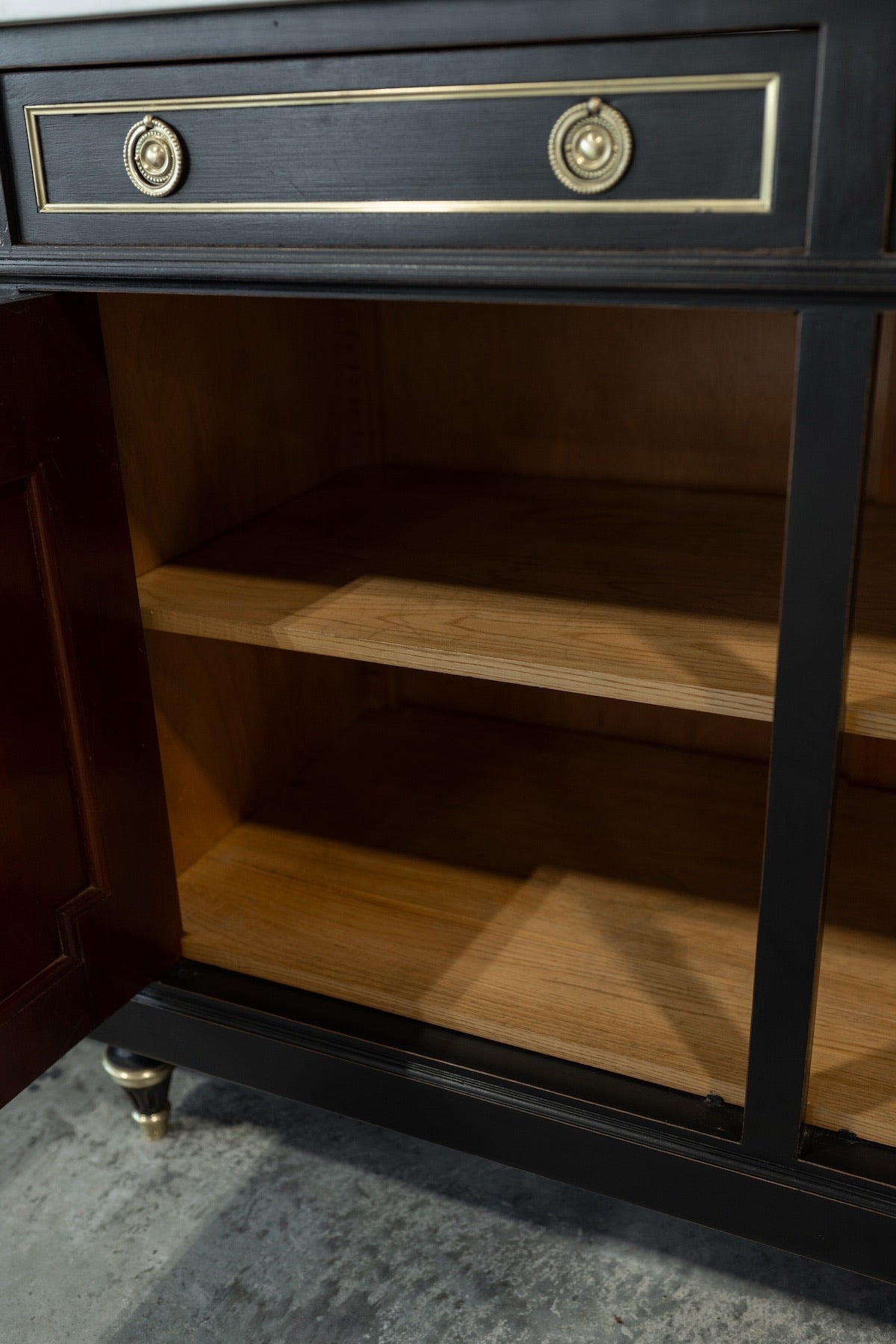 20th C. French Black Marbletop Neoclassical Buffet Credenza with Brass Inlay