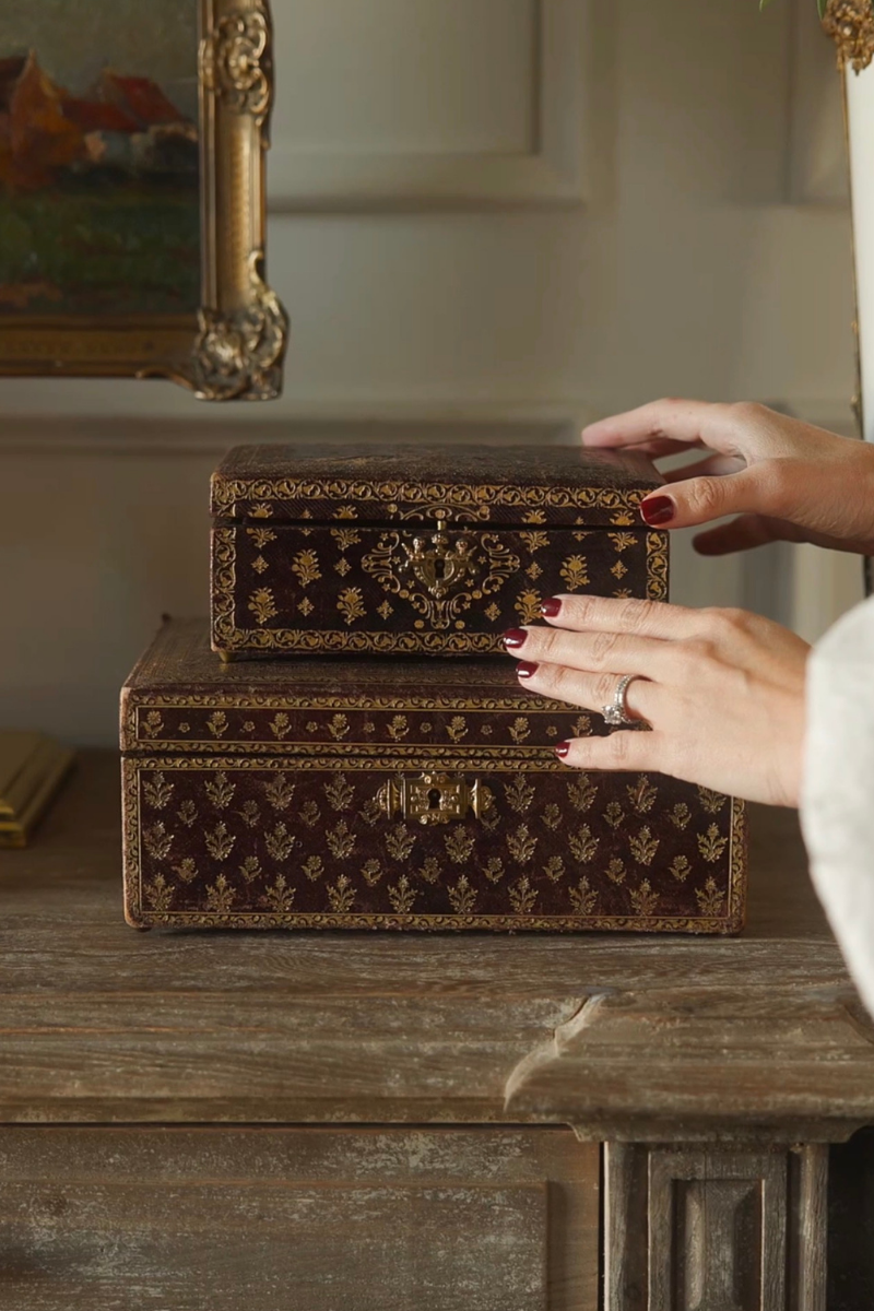 Gilt-Decorated Leather Jewelry Box with Burgundy Velvet Interior