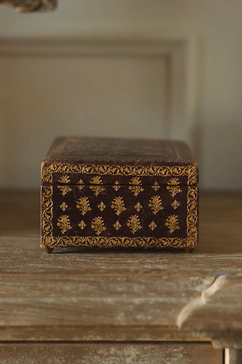 Gilt-Decorated Leather Jewelry Box with Burgundy Velvet Interior