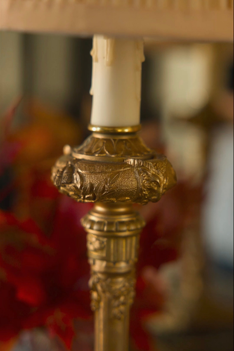 Louis XVI–Style Bronze Table Lamp with Pleated Silk Shade