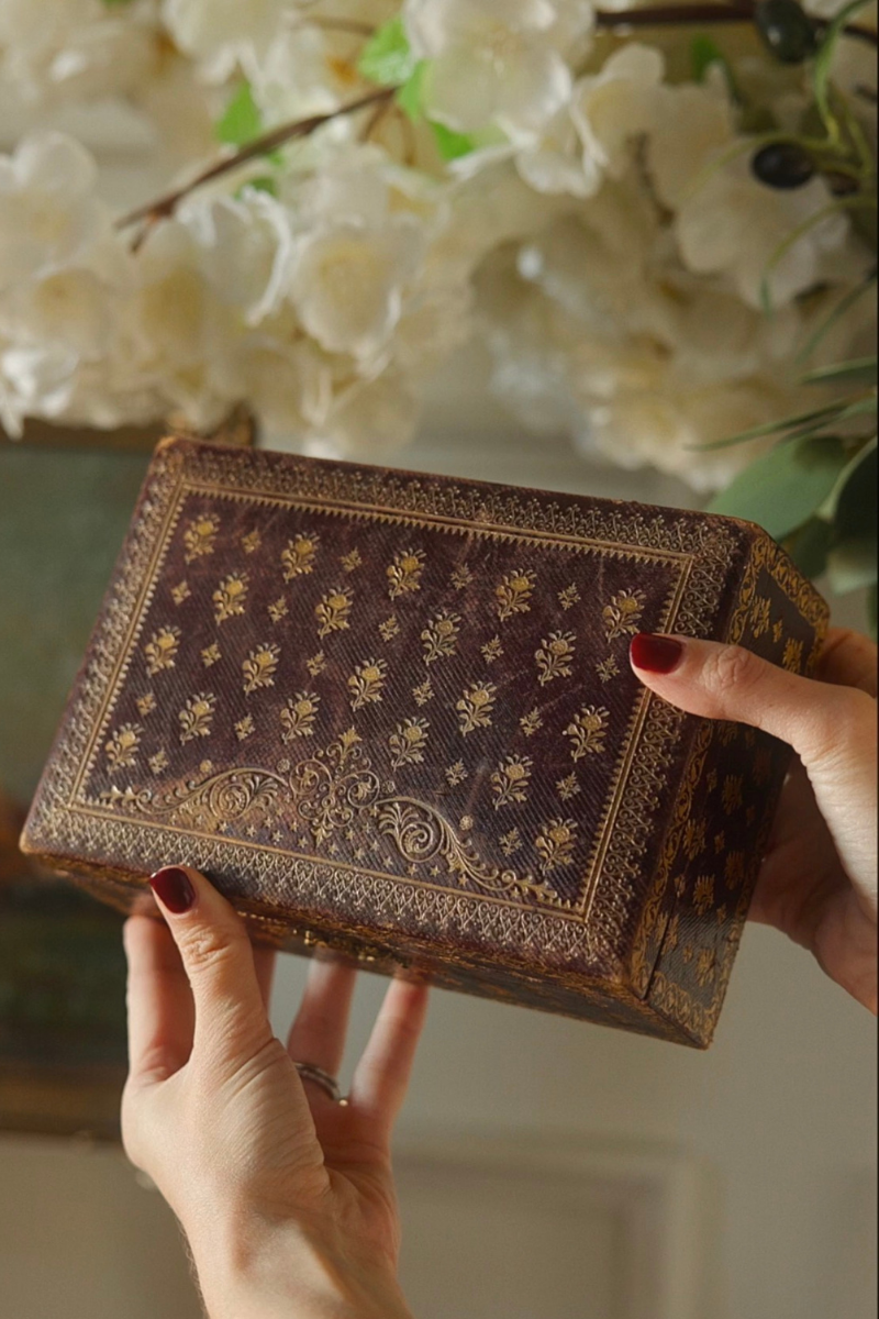 Gilt-Decorated Leather Jewelry Box with Burgundy Velvet Interior