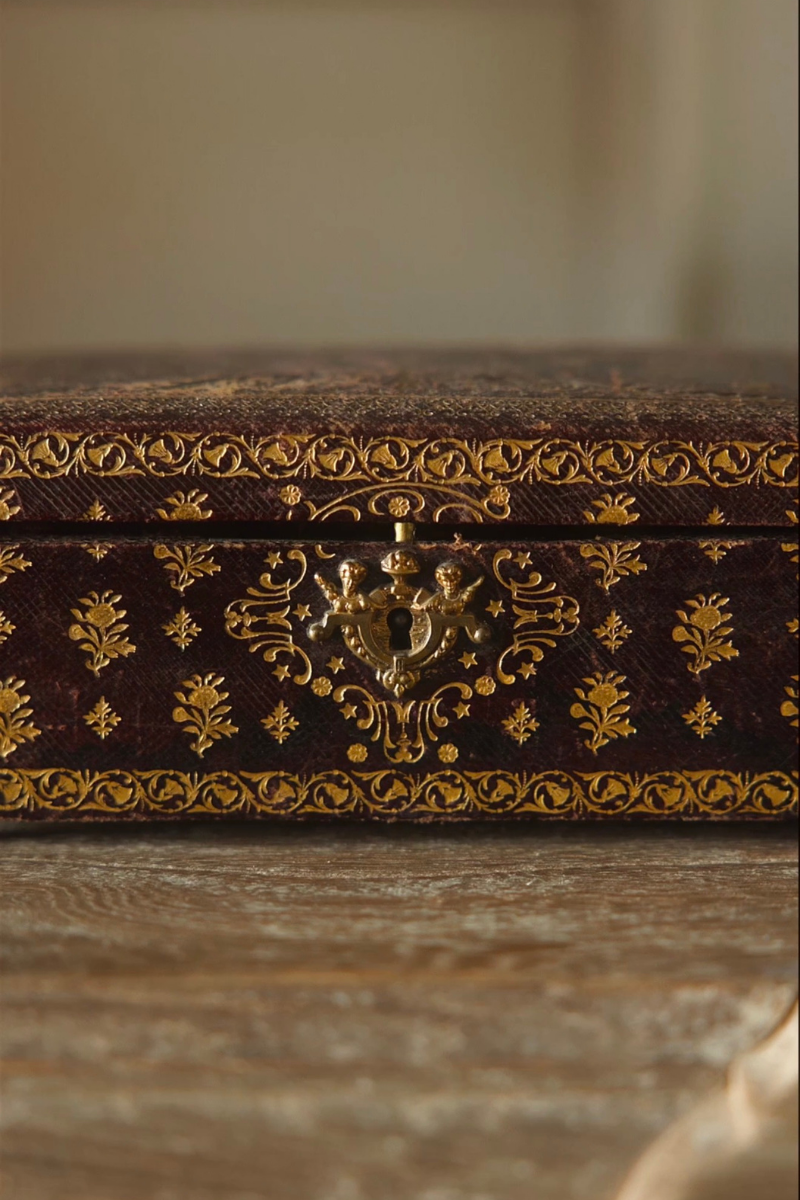 Gilt-Decorated Leather Jewelry Box with Burgundy Velvet Interior
