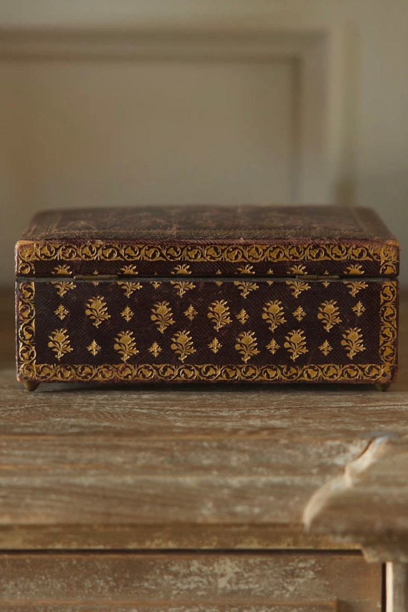 Gilt-Decorated Leather Jewelry Box with Burgundy Velvet Interior
