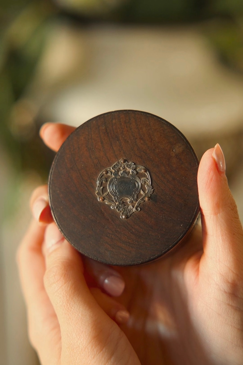 19th C. Monogramed Carved Wood Keepsake Box with Silver Cartouche
