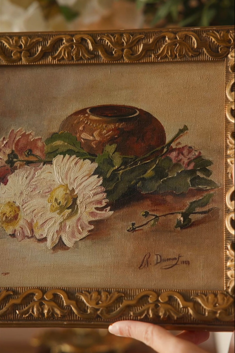 Signed French Floral Still Life with Earthenware Pot | Dated 1902 Oil on Canvas in Original Gilt Frame