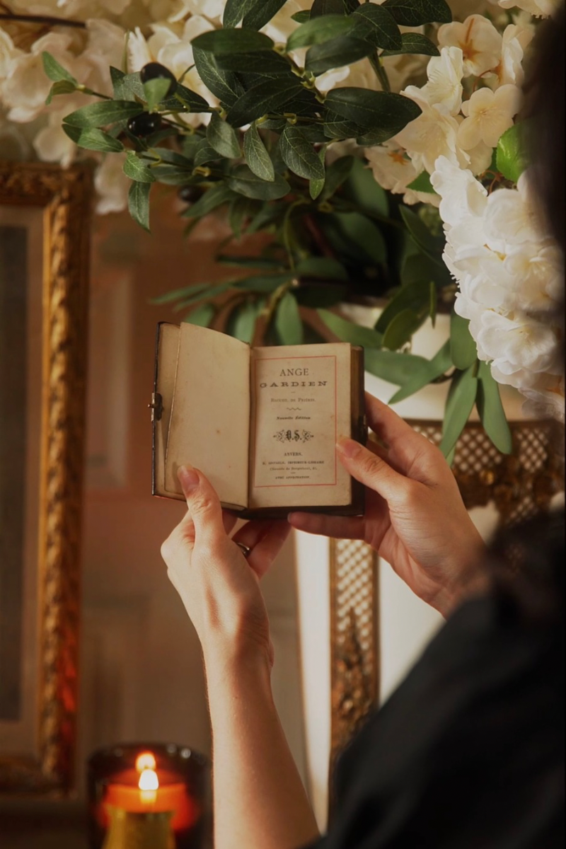 French Gothic Revival Black Prayer Book with Embossed Religious Figure & Chromolithograph Pages, Late 19th Century - B