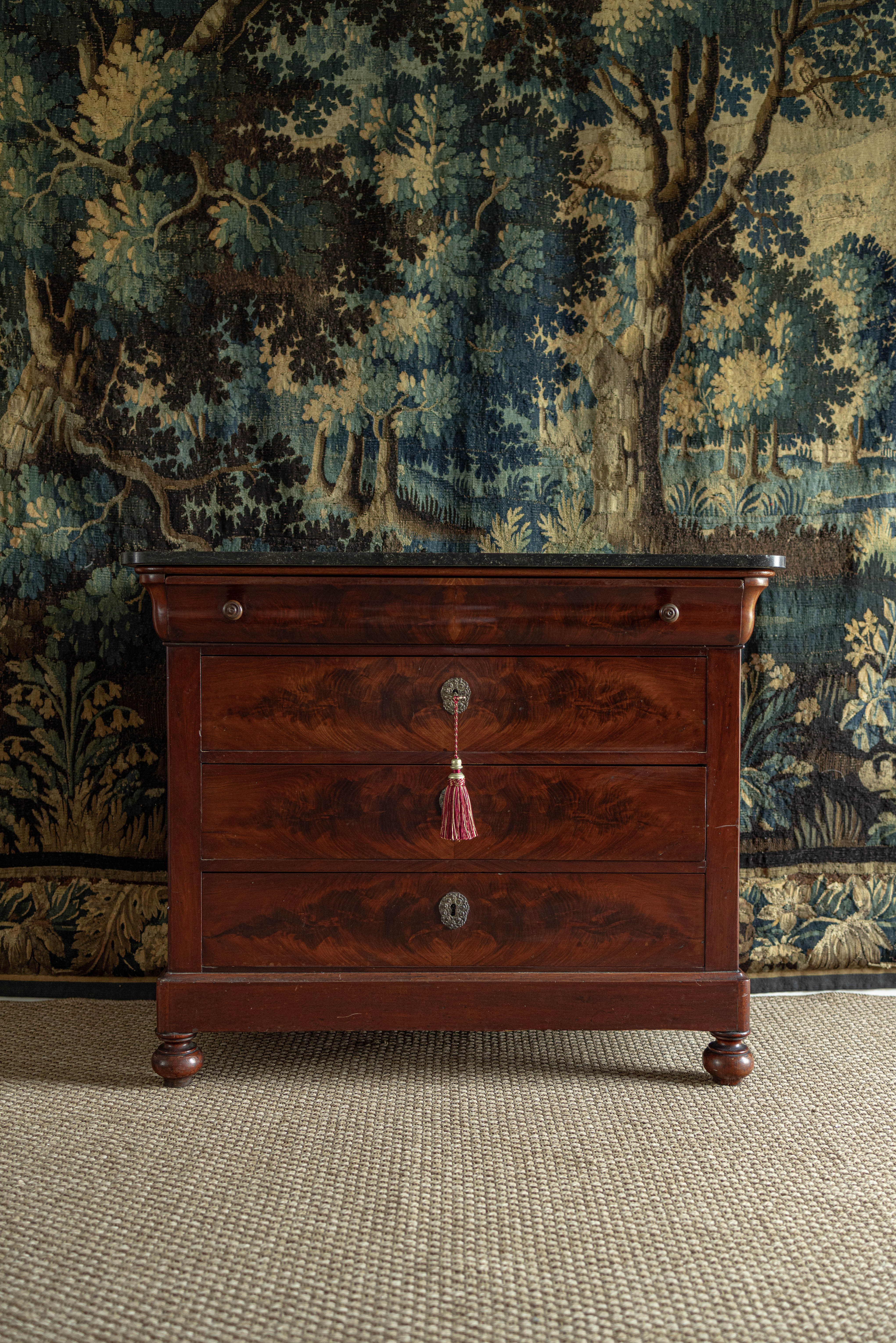 19th Century Petite French Flame Mahogany Commode with Marble Top