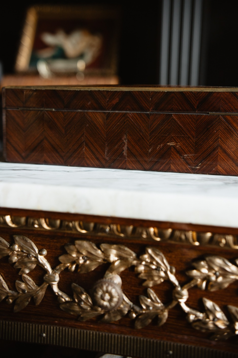 Late 19th Century French Parquetry Inlaid Wooden Glove Box with Brass Trim and Fitted Interior