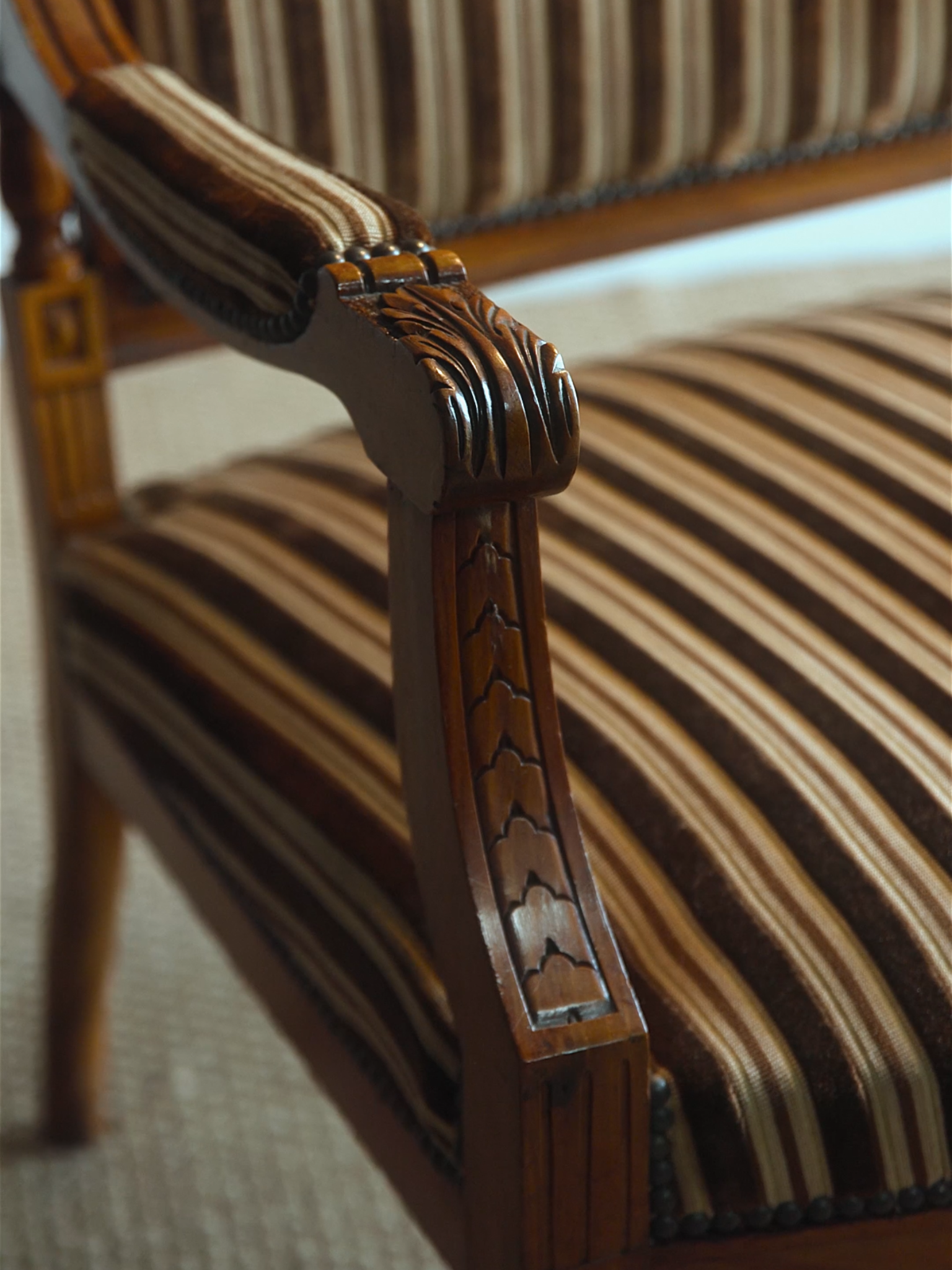 French Carved Armchair with Striped Velvet Upholstery