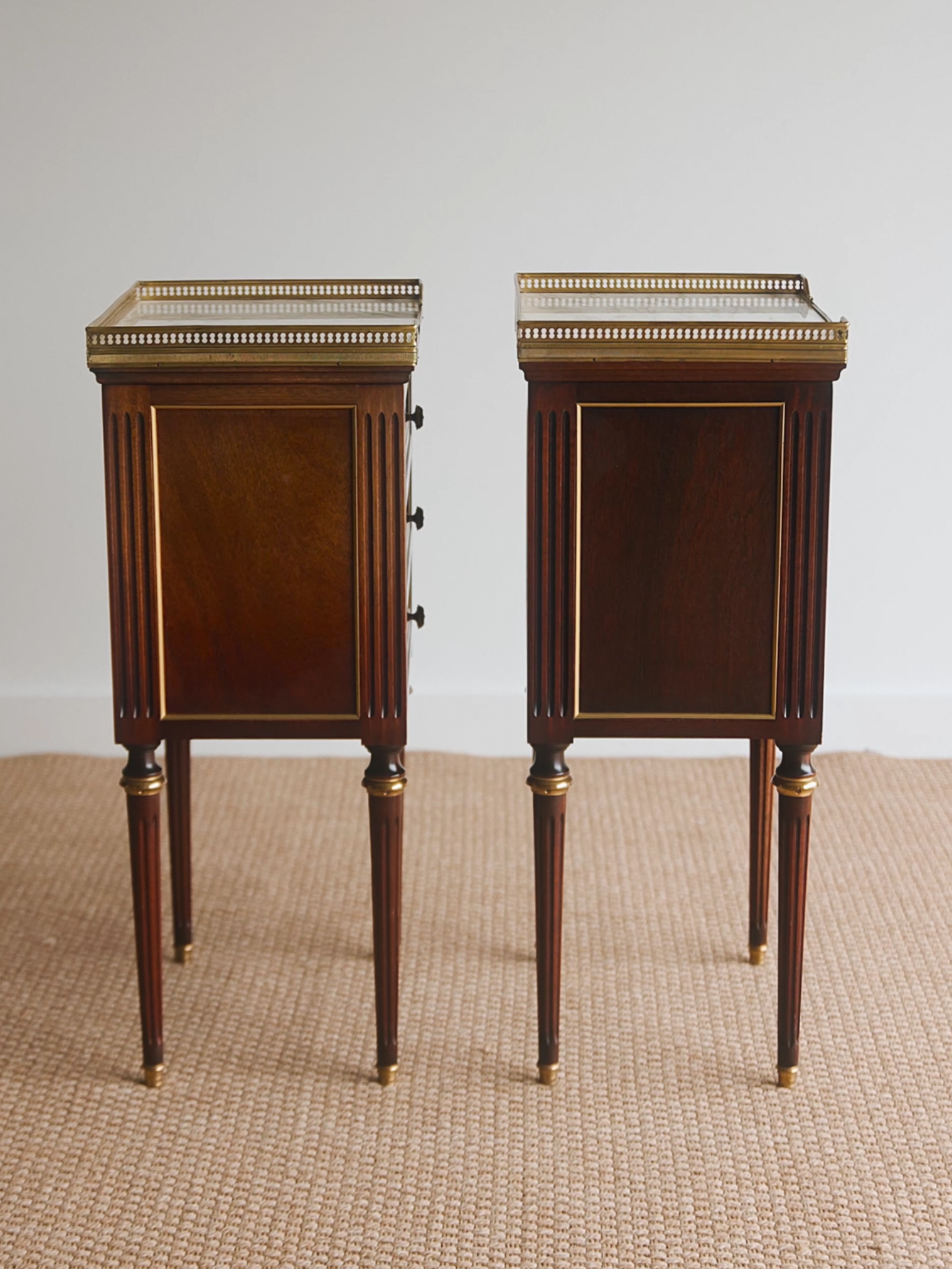 Pair of French Louis XVI–Style Nightstands With Marble Tops