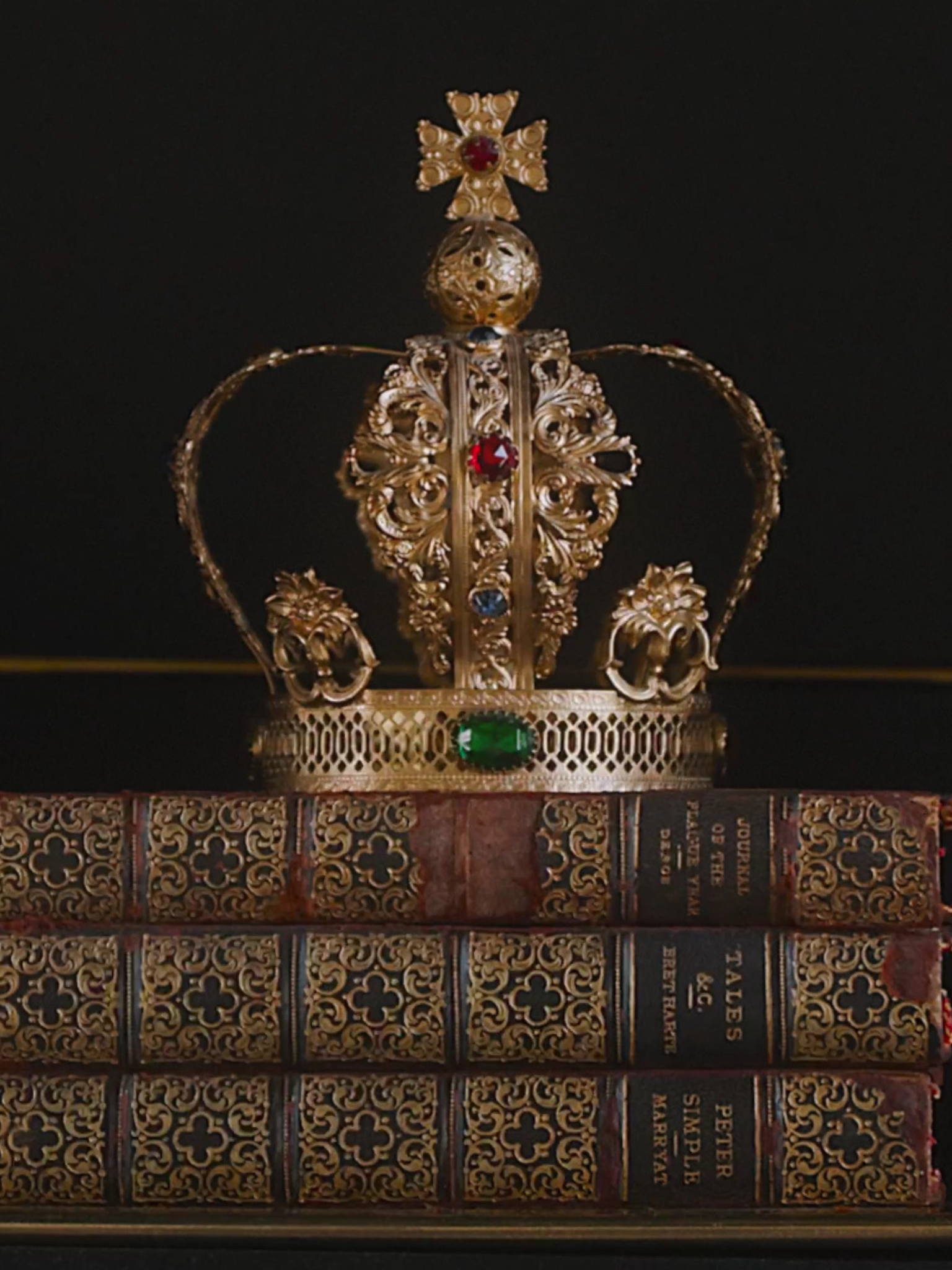 Antique Devotional Gilt Filigree Crown with Jeweled Cross Finial