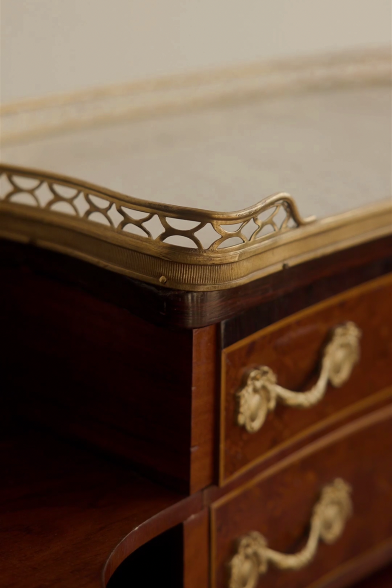 19th Century French Louis XV–Style Marquetry Writing Desk with Marble Gallery Top