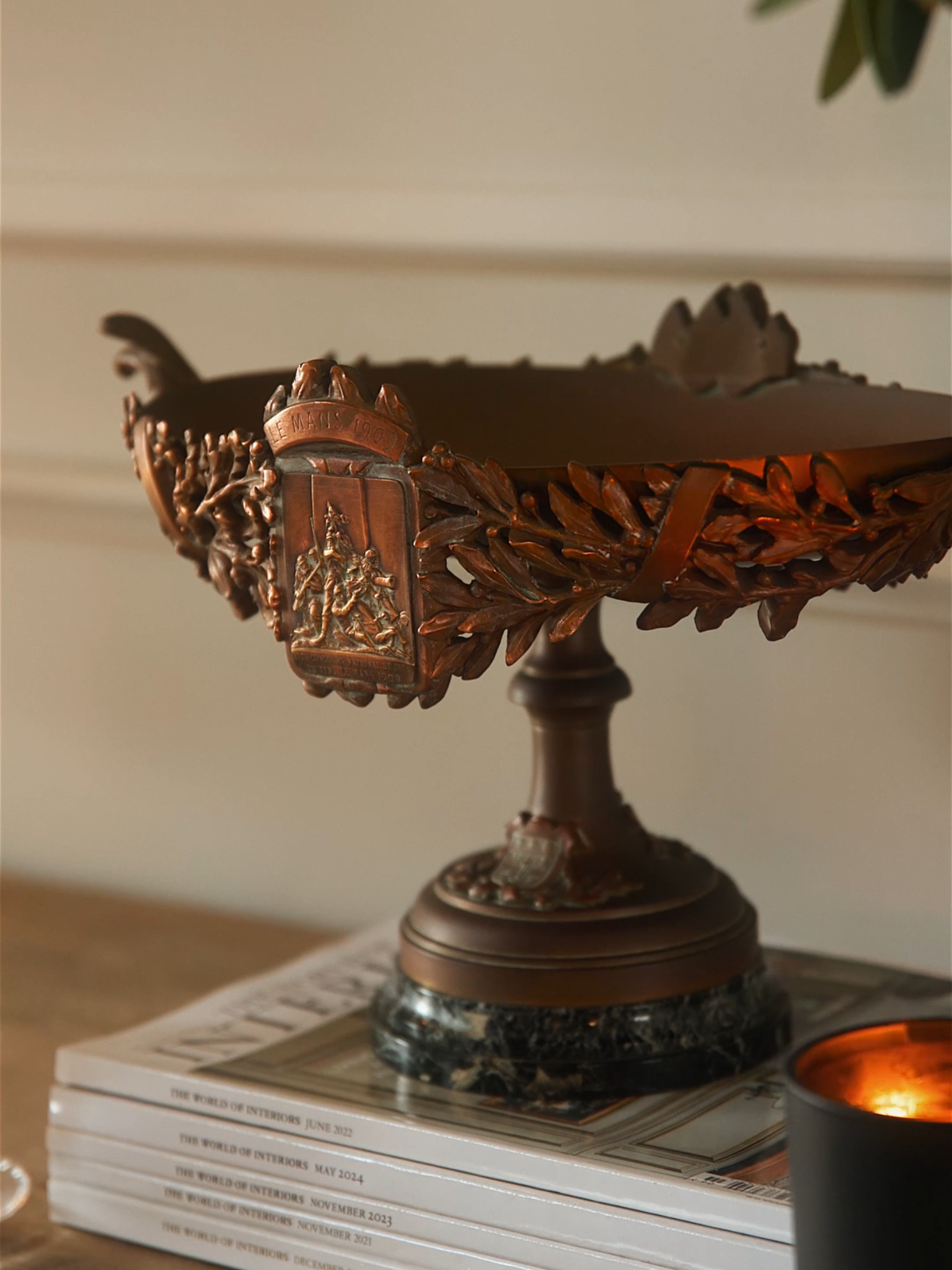 19th Century French Bronze Trophy Urn on Marble Base