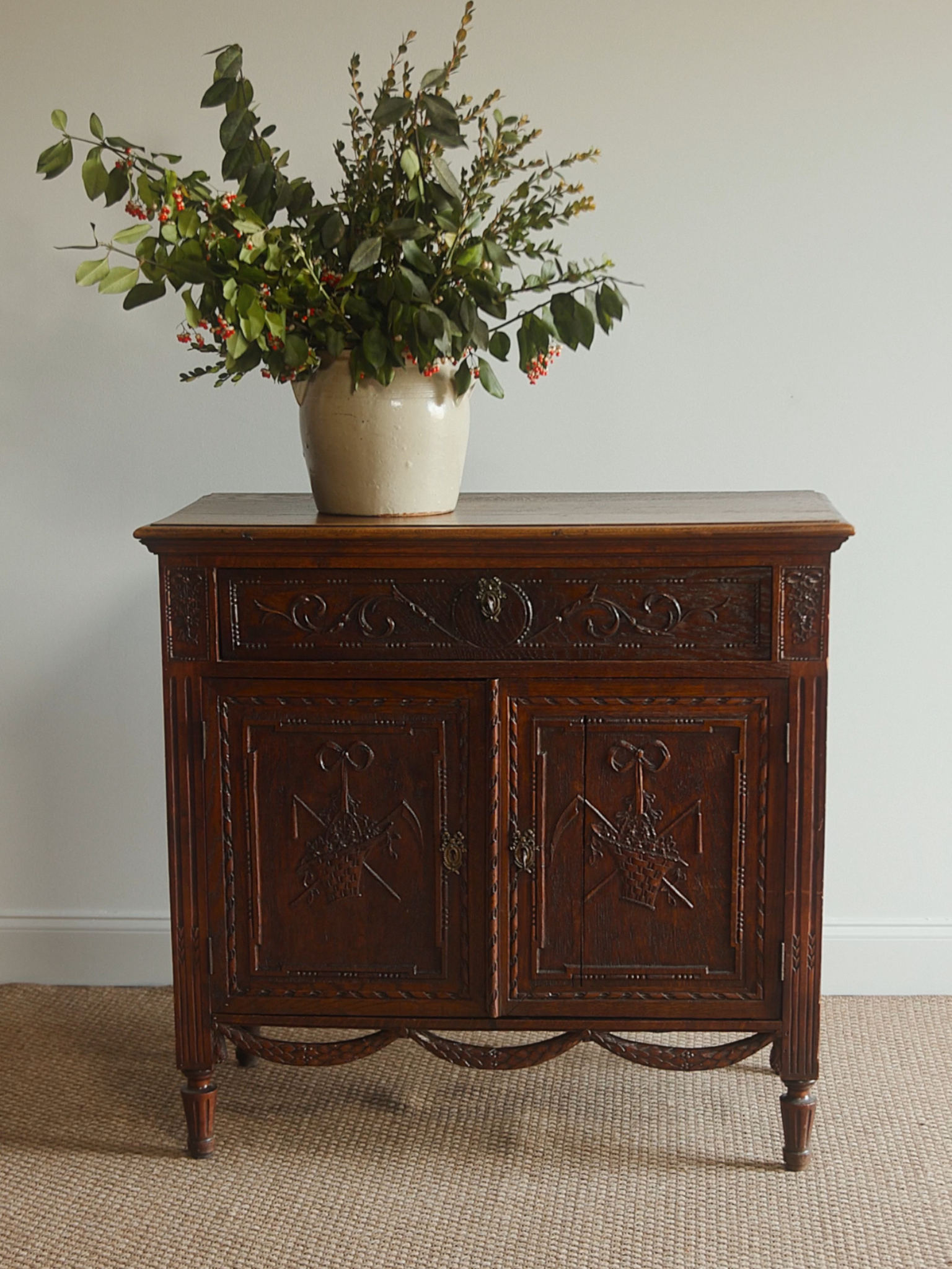 French Provincial Carved Swag Oak Sideboard