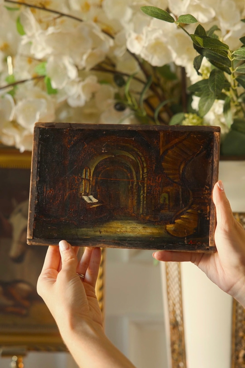 19th C. European School Monastic Interior Oil Painting