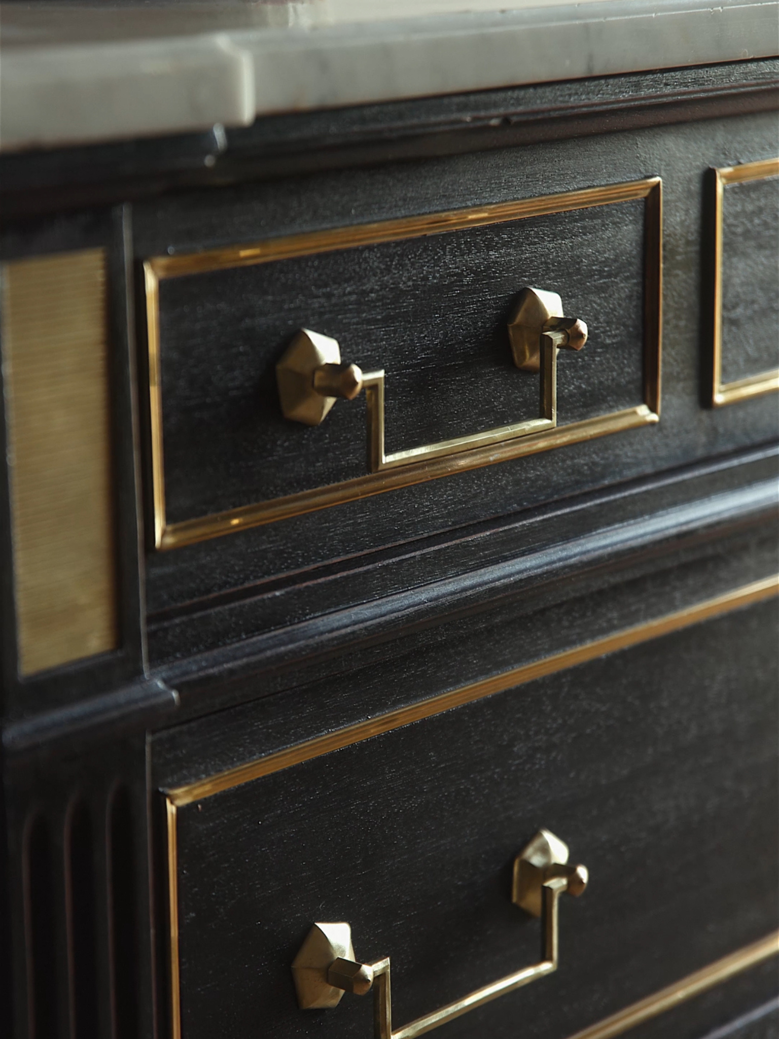 Louis XVI Style Black Lacquered Commode with Brass Trim & Carrara Marble Top