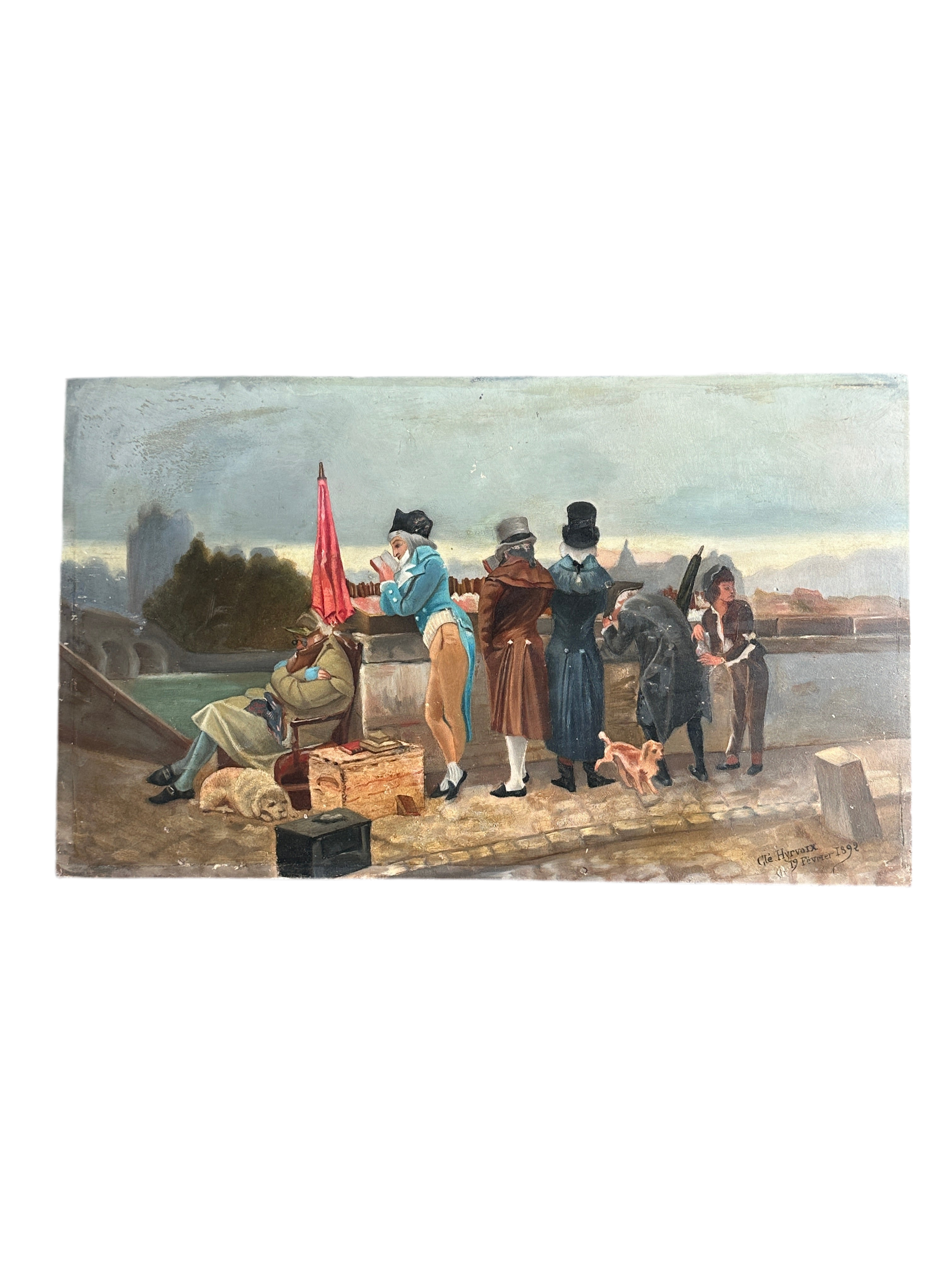 "Parisian River Side Stroll" - Signed Cle Hyrvoix & Dated 1892. Oil on Wood