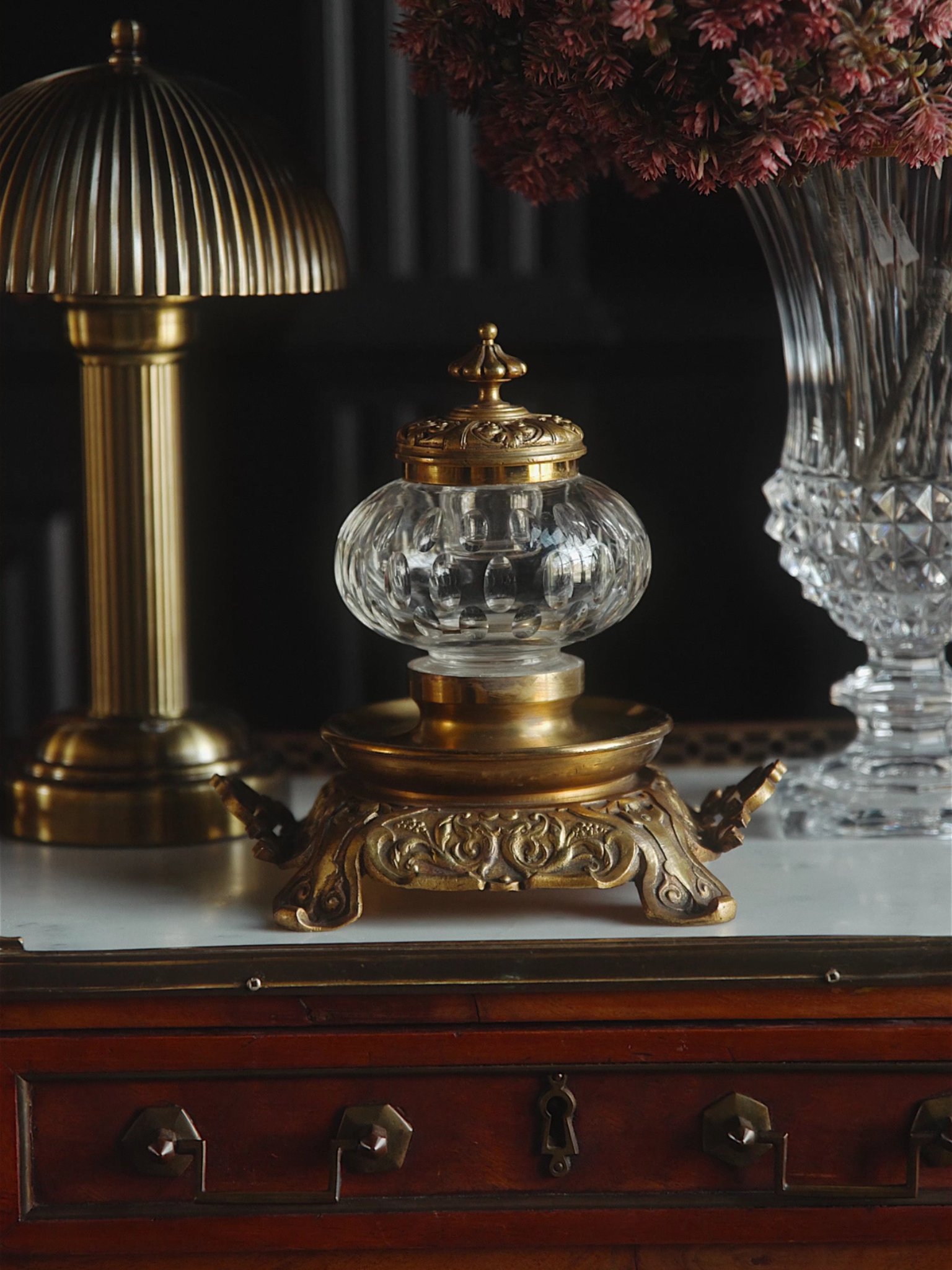 Antique Crystal & Brass Inkwell on Ornate Stand