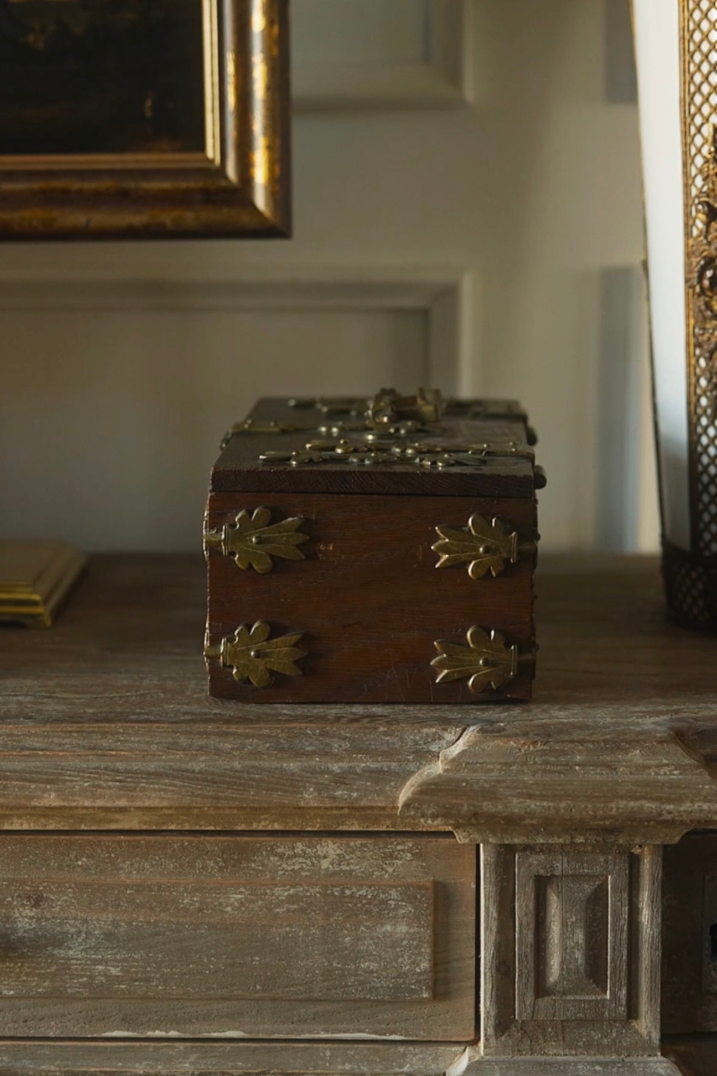 19th-Century Gothic Revival Wood Casket with Ornamental Metalwork