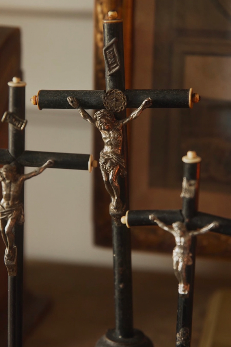 Set of Three French Napoleon III Ebonized Wood Standing Crucifixes