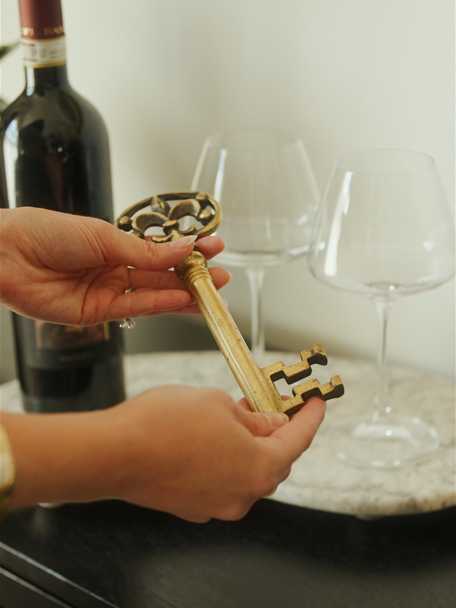 French Brass Key Corkscrew with Fleur De Lis Handle