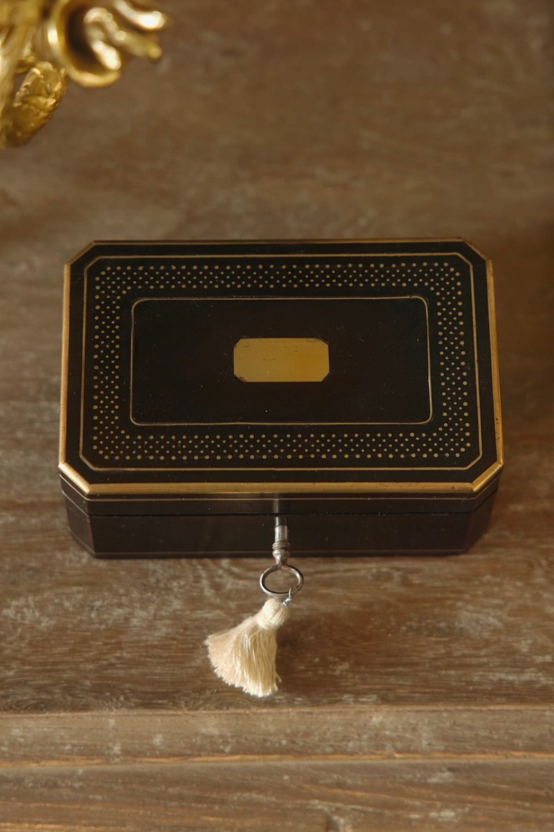 19th C. Ebonized Jewelry of Glove Box with Brass Inlay