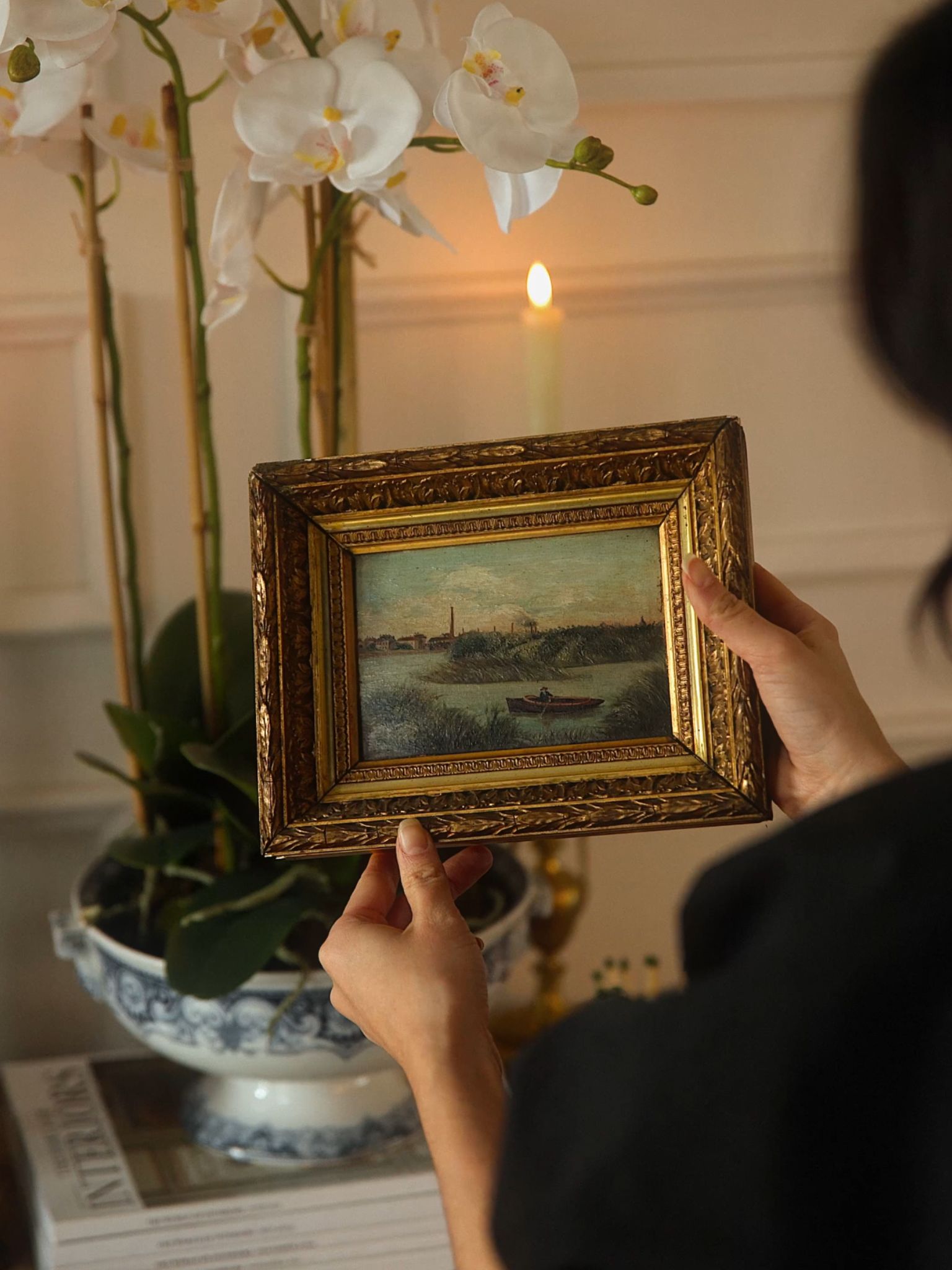 19th Century French River Landscape - Fisherman in a Rowboat