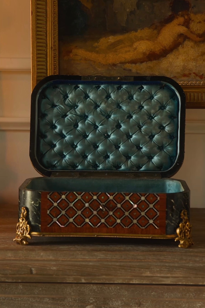 19th C. French Napoleon III Marquetry & Ebonized Jewelry Casket With Tufted Blue Silk Interior- 1870
