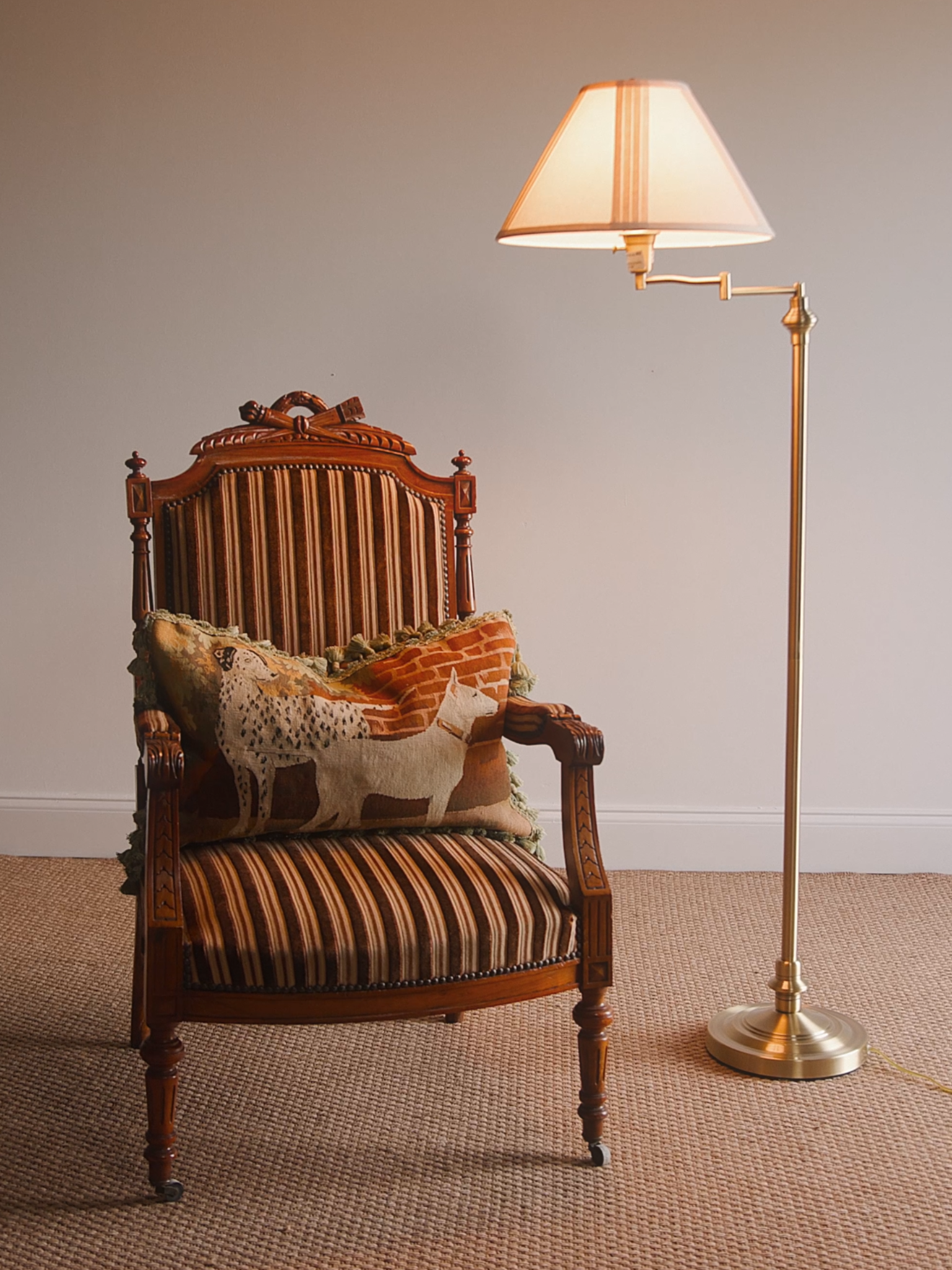 French Carved Armchair with Striped Velvet Upholstery