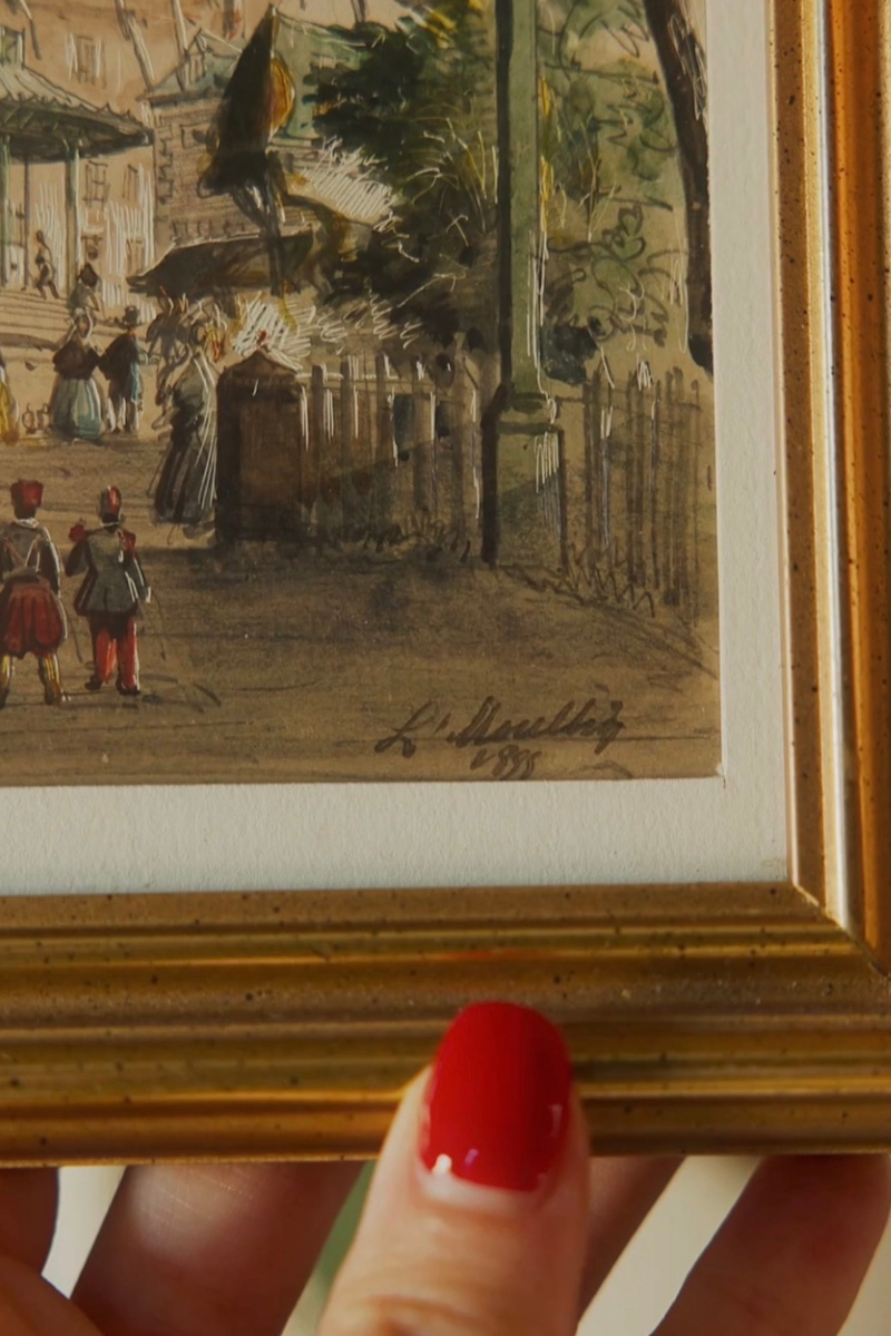 “Vichy & Cusset, 1855” — Set of Three French Spa-Town Views Bearing the Signature of Louis Moullin, with Thermal Architecture, Garden Promenades & Period Figures, in Matching Gold-Finished Frames