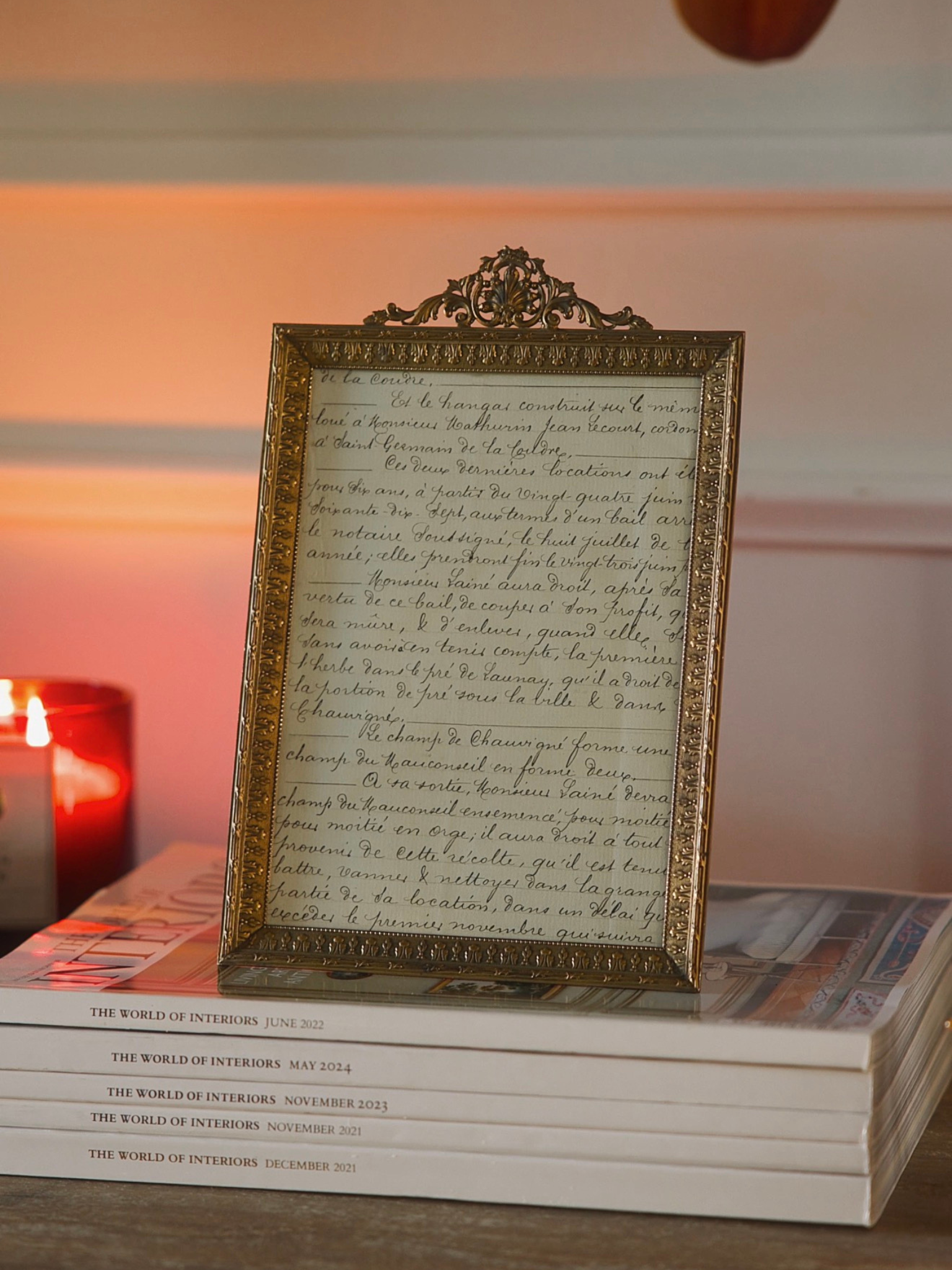 Antique French Gilt Bronze Rectangular Frame with Moss Silk Interior Behind Manuscript
