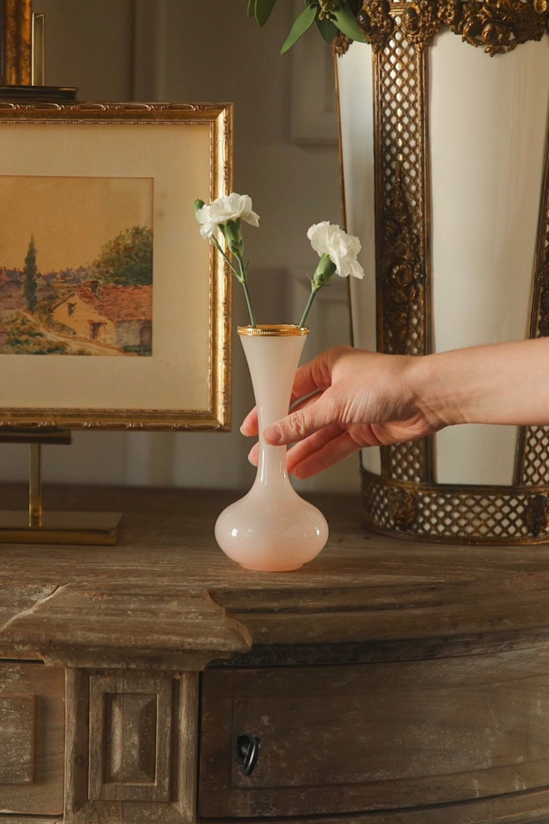 French Opaline Glass Bud Vase with Gilt Rim – Blush