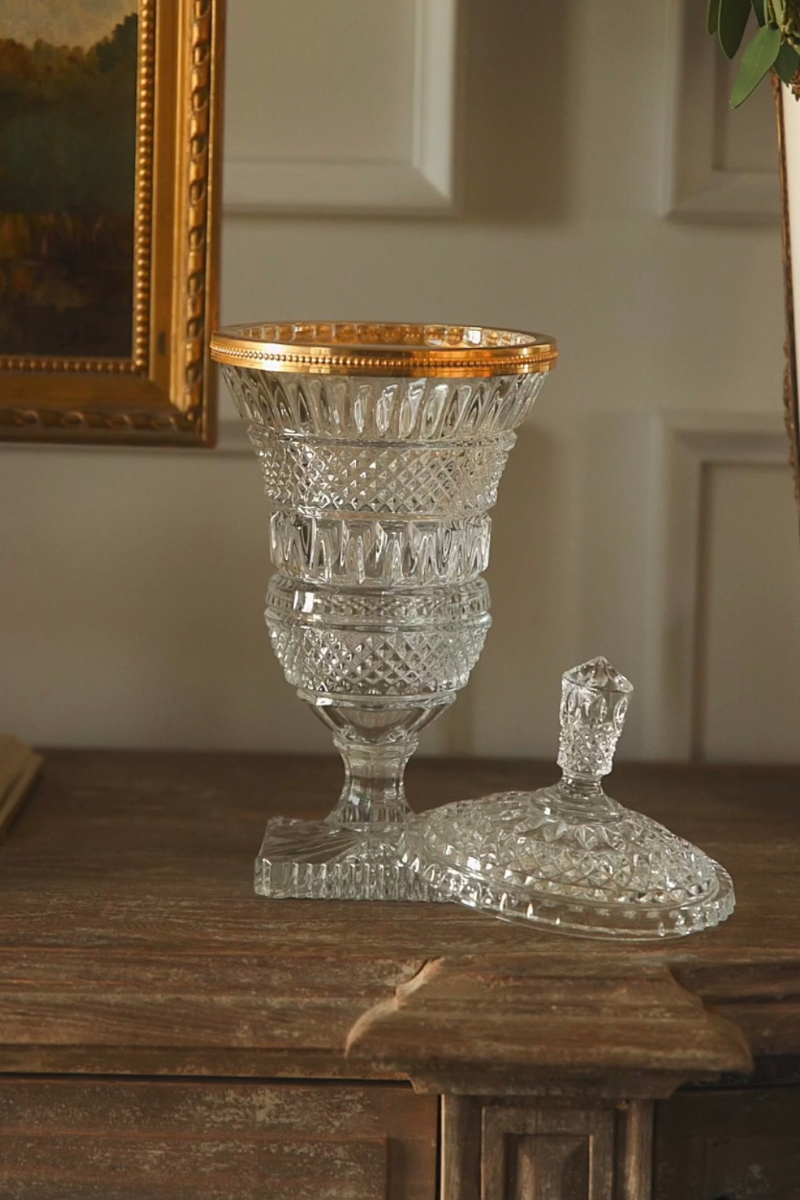 French Cut Crystal Lidded Compote with Gilt Bronze Rim