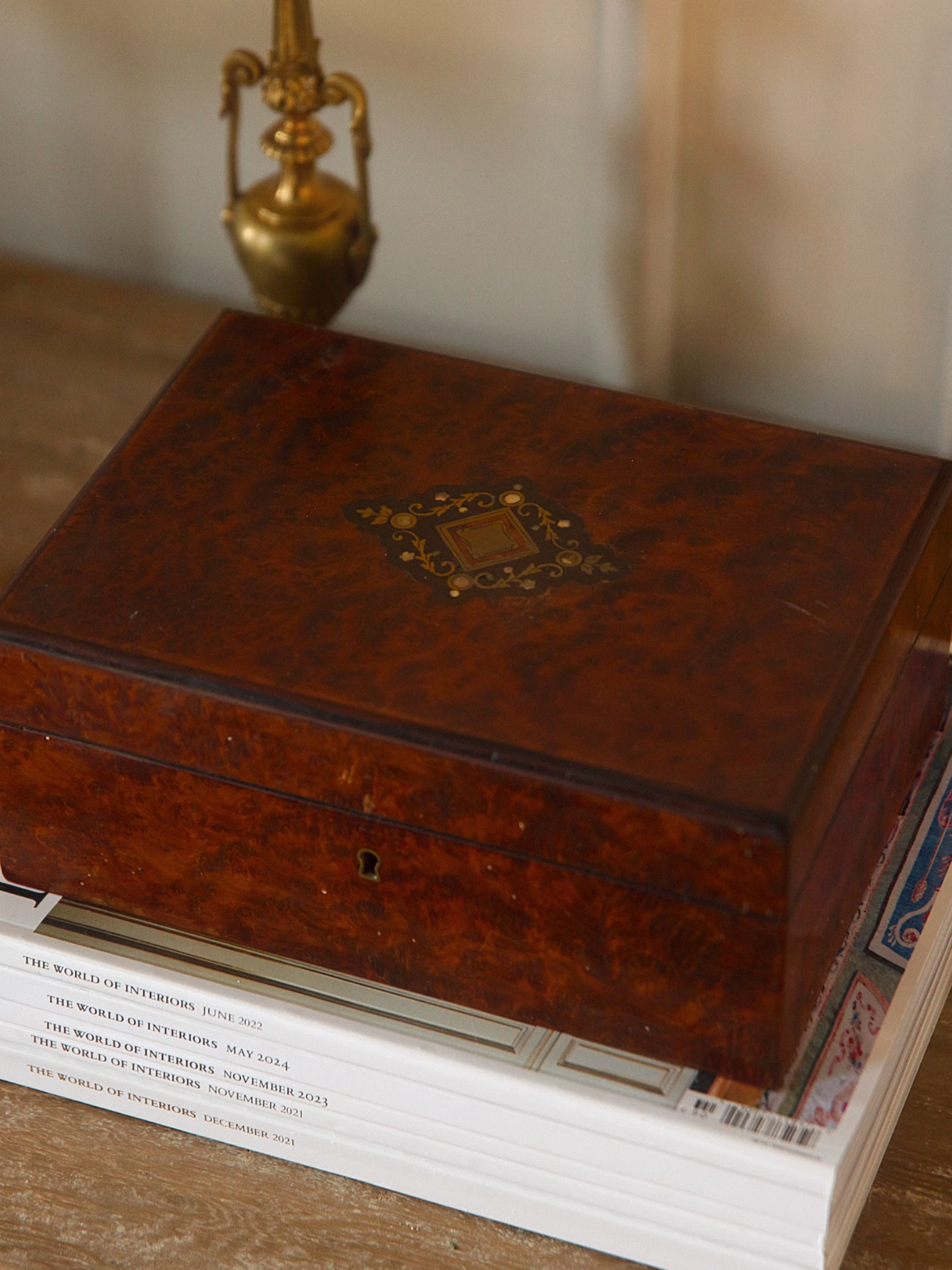 19th-Century French Burl Wood Inlaid Keepsake Box
