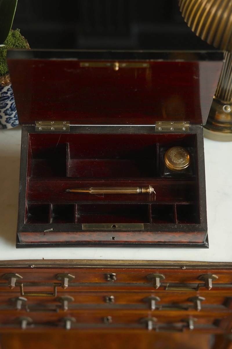 19th-Century Burl Wood Writer’s Box with Inkwell & Pen