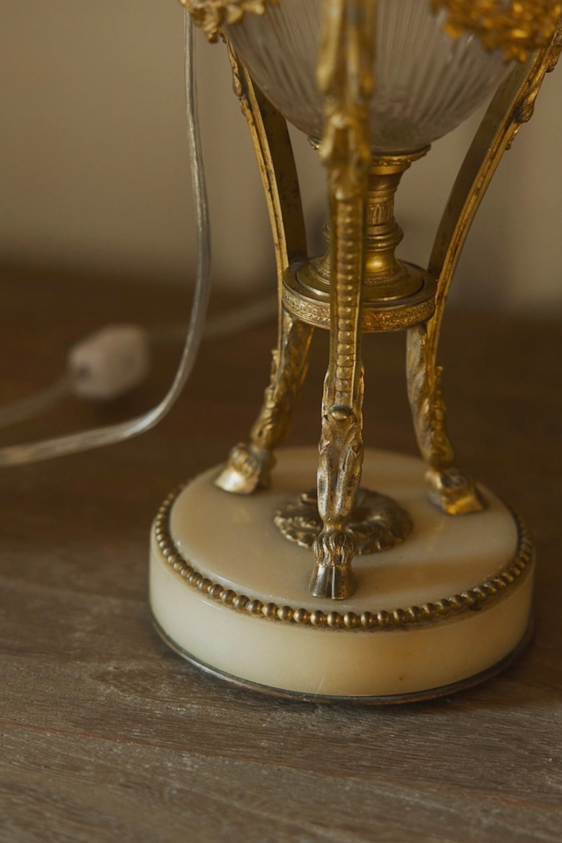 19th-Century Glass & Bronze Table Lamp with Gold Silk Shade
