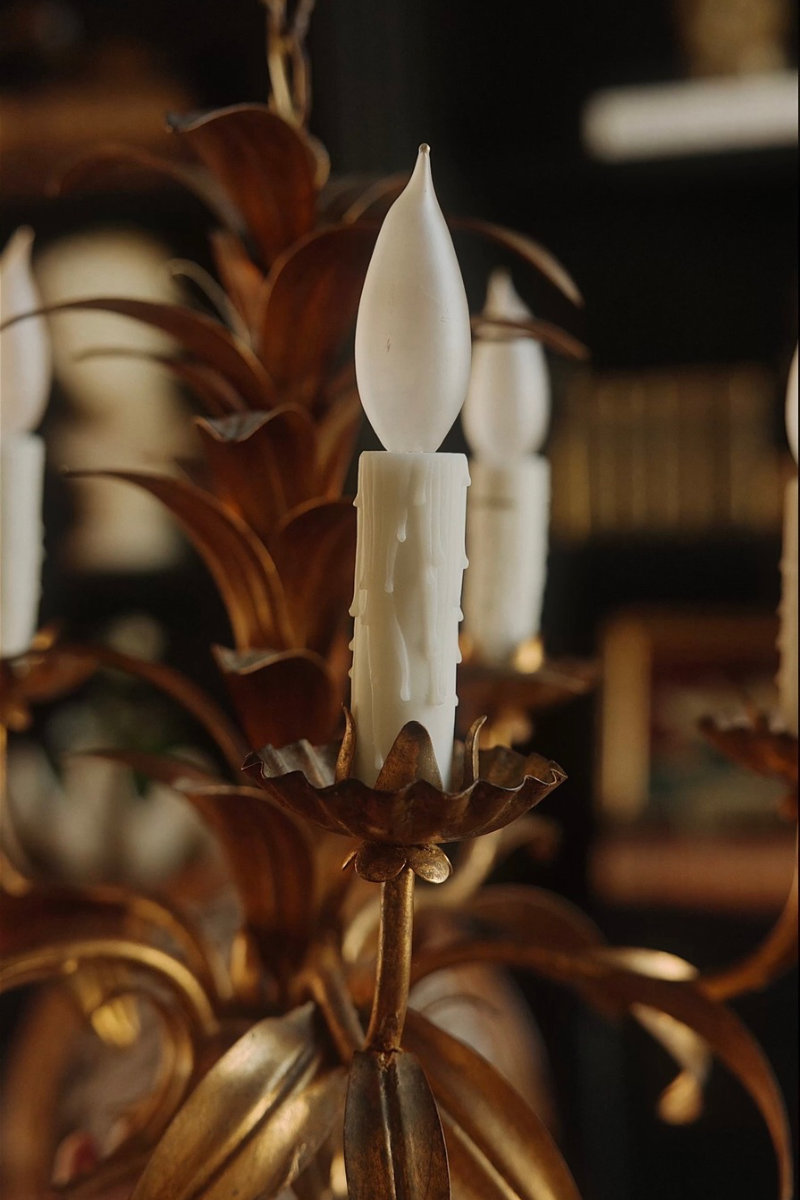 Mid-Century Italian Gilt Tole Palm Frond Four-Light Chandelier