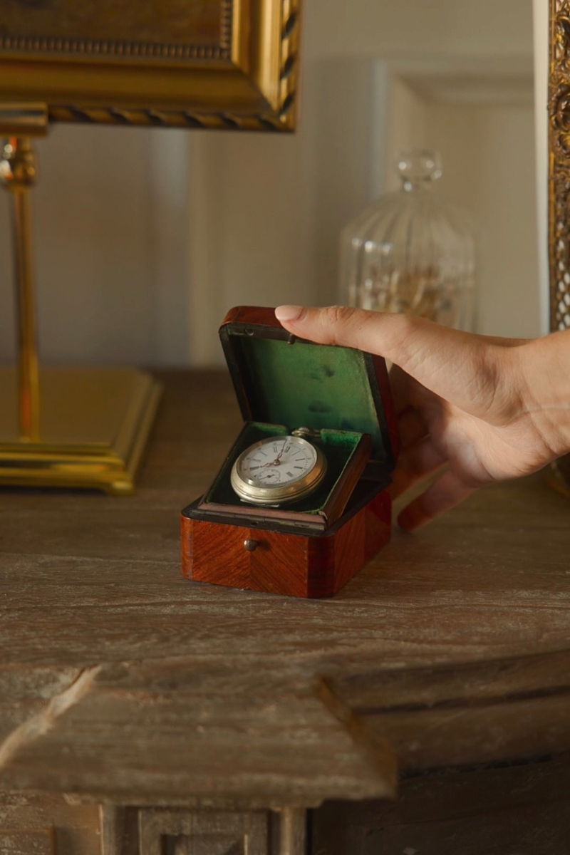 19th C. French Mother of Pearl Inlaid Pocket Watch Box with Watch