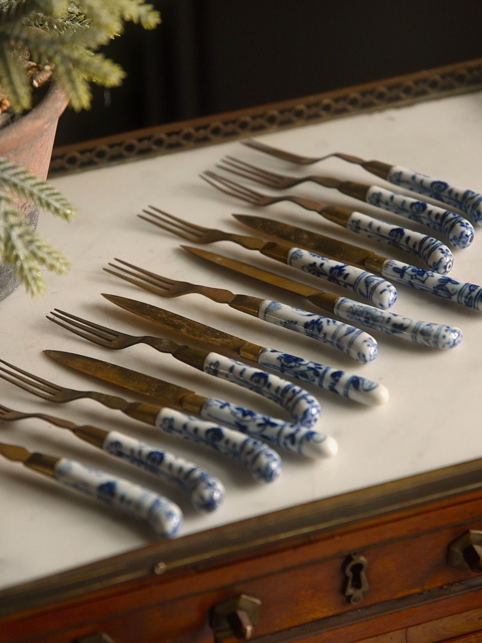 19th Century Delft Style Porcelain & Brass Hors d'Oeuvre Set of 9