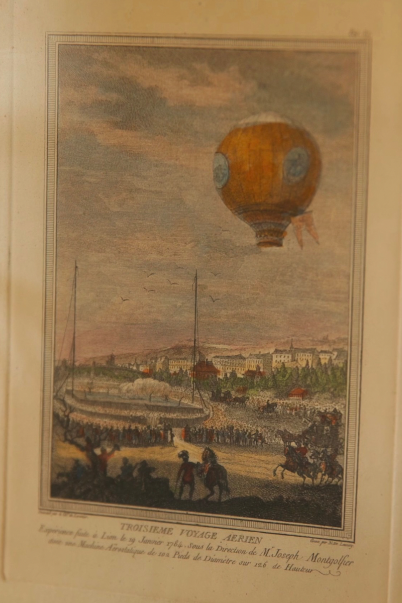18th Century Montgolfier Balloon Ascent Copper Plate Engraving (Hand-Colored)